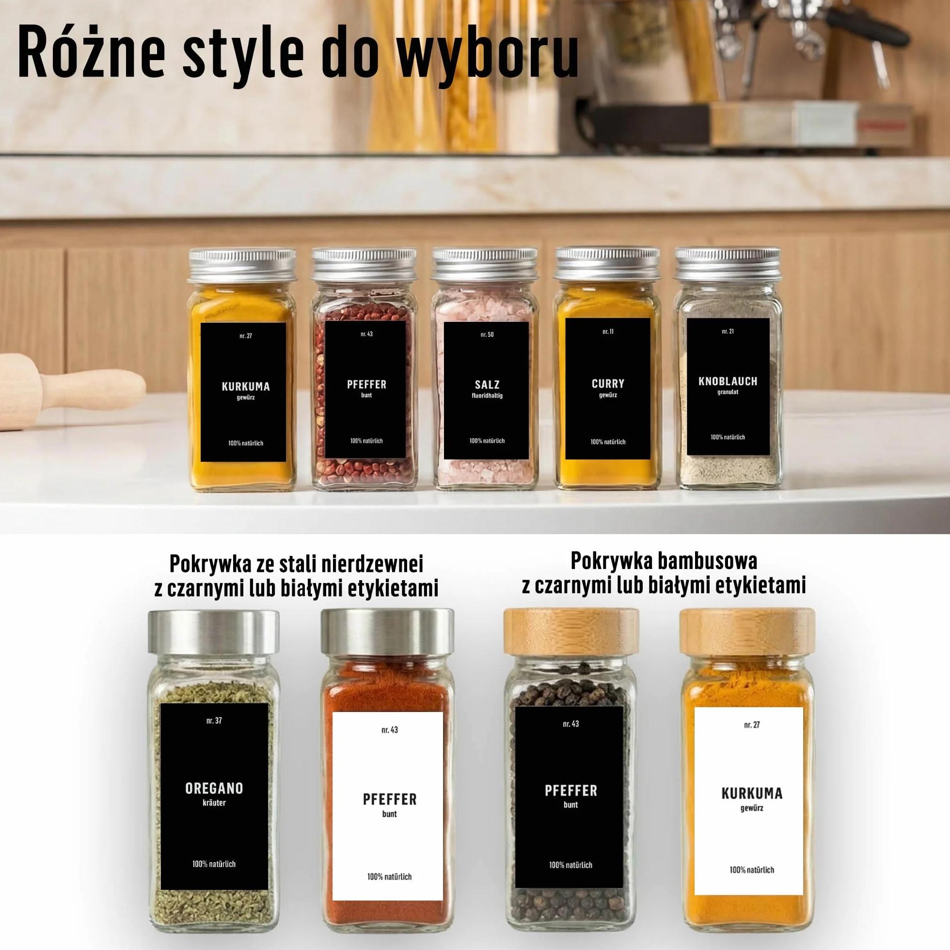 Deco haus® Słoiczki na Przyprawy z Nakrętką - Zestaw 24 sztuk - Różne Nasadki do Wytrząsarek, Lejek, Pędzelek, Etykiety i Kreda - Idealne do Naszych 4 Stojaków na Przyprawy - 120 ml, 10,5 x 4,3 cm