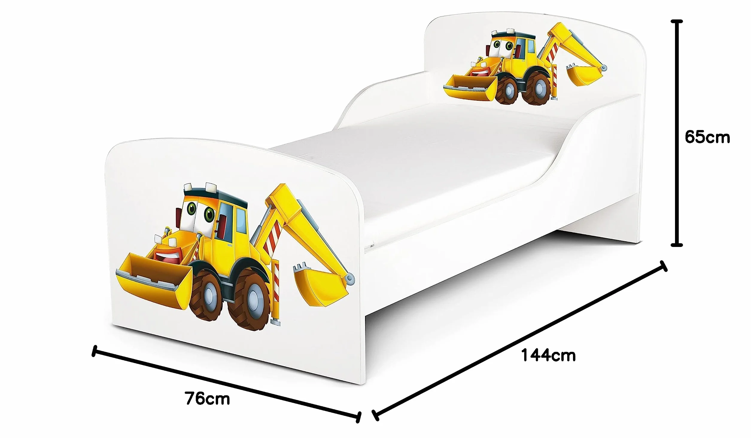 Leomark Łóżko dziecięce z drewna z materacem 70 x 140 cm Kompletny zestaw do pokoju dziecięcego: łóżeczko drewniane stelaż i materac nadruk UV: ŻÓŁTA KOPARKA