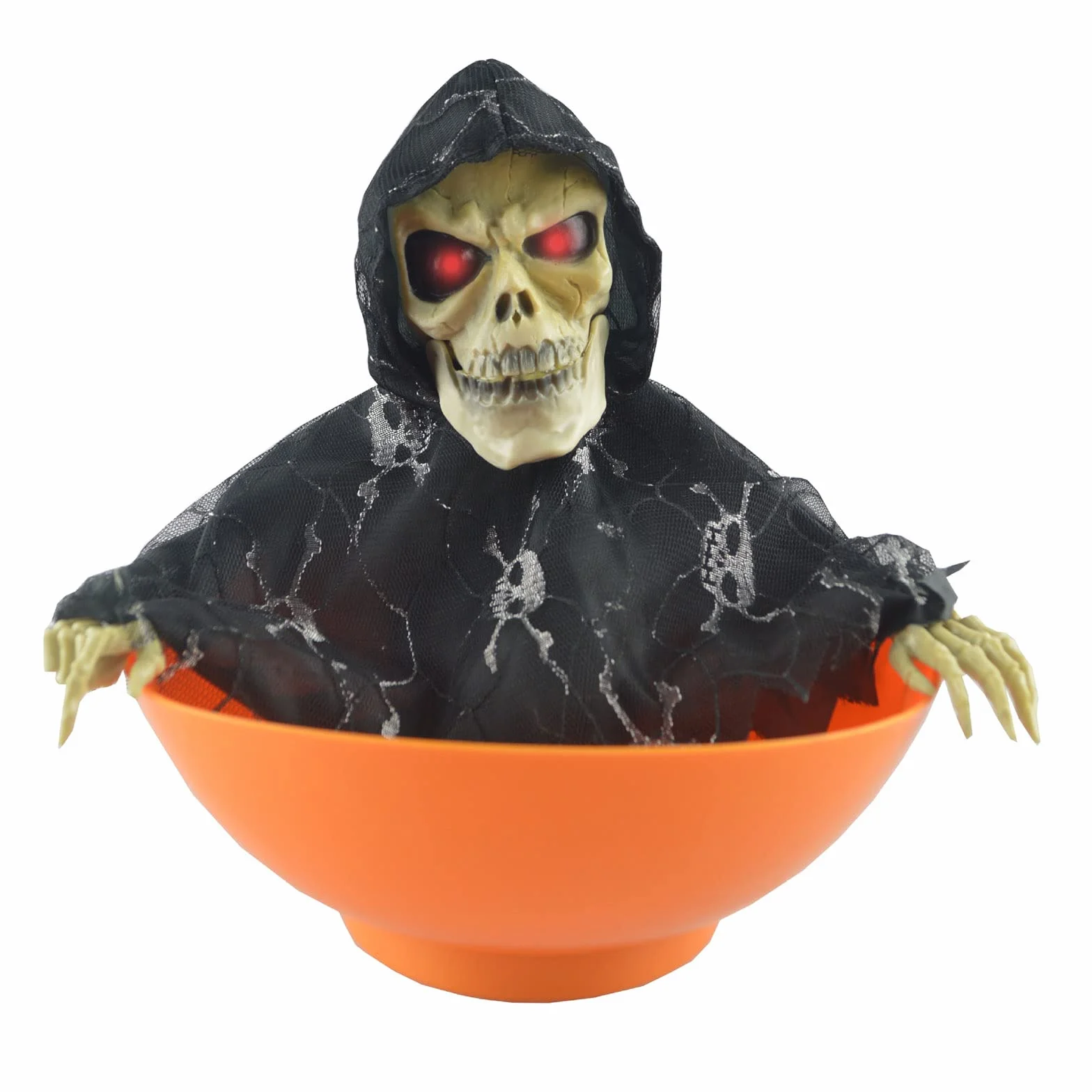 Halloweenowa Miska na Cukierki, Uchwyt na Cukierki na Halloween Animowany Szkielet Elektryczny świecący Duch Czaszka Miska na Cukierki z Czerwonymi Oczami i Przerażającym(Pomarańczowy)