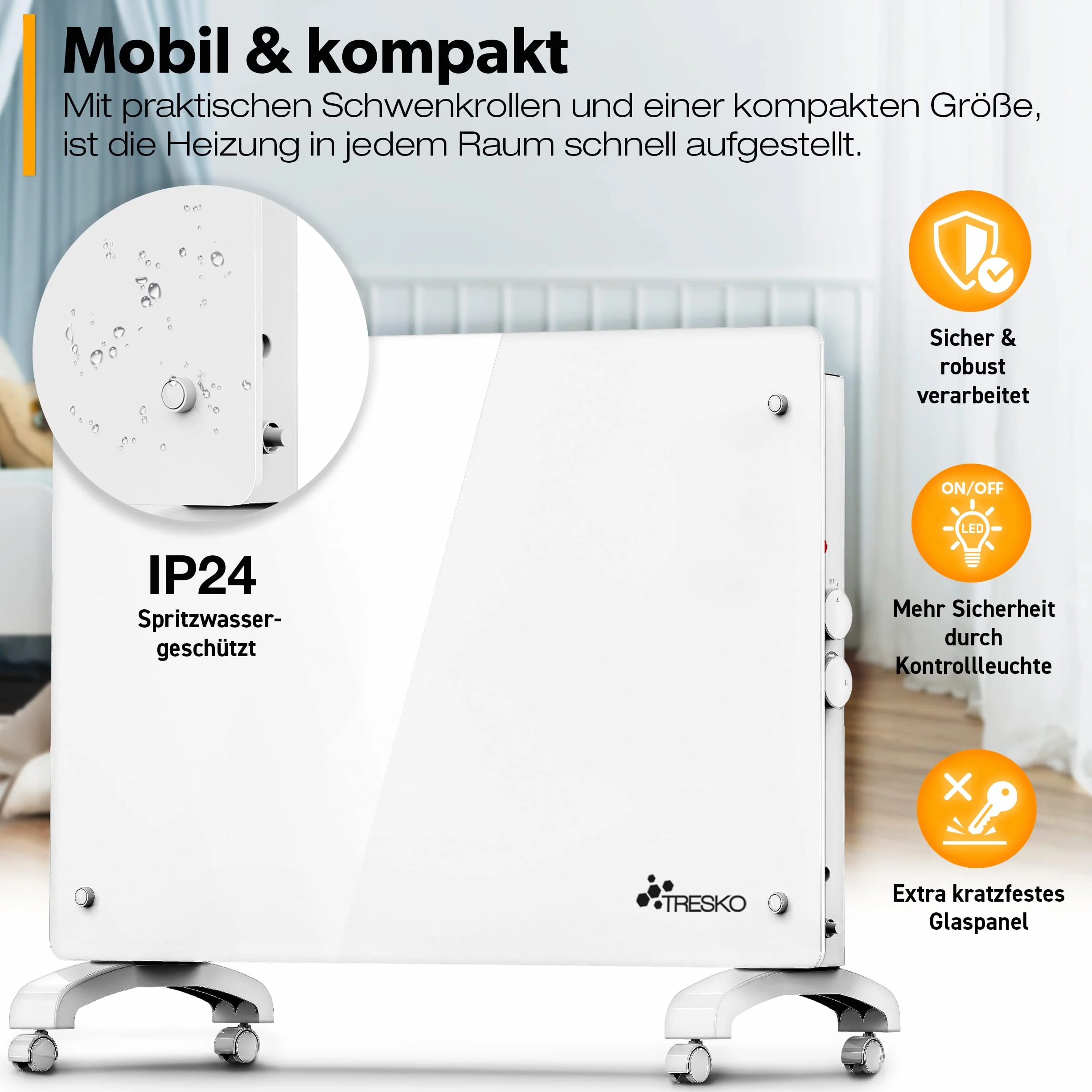TRESKO® Szklany konwektor grzejnik elektryczny 2000 W jako ogrzewanie stojące lub ścienne | Grzejnik elektryczny ze szkła | grzejnik elektryczny konwektorowy | grzejnik elektryczny, energooszczędny, cichy