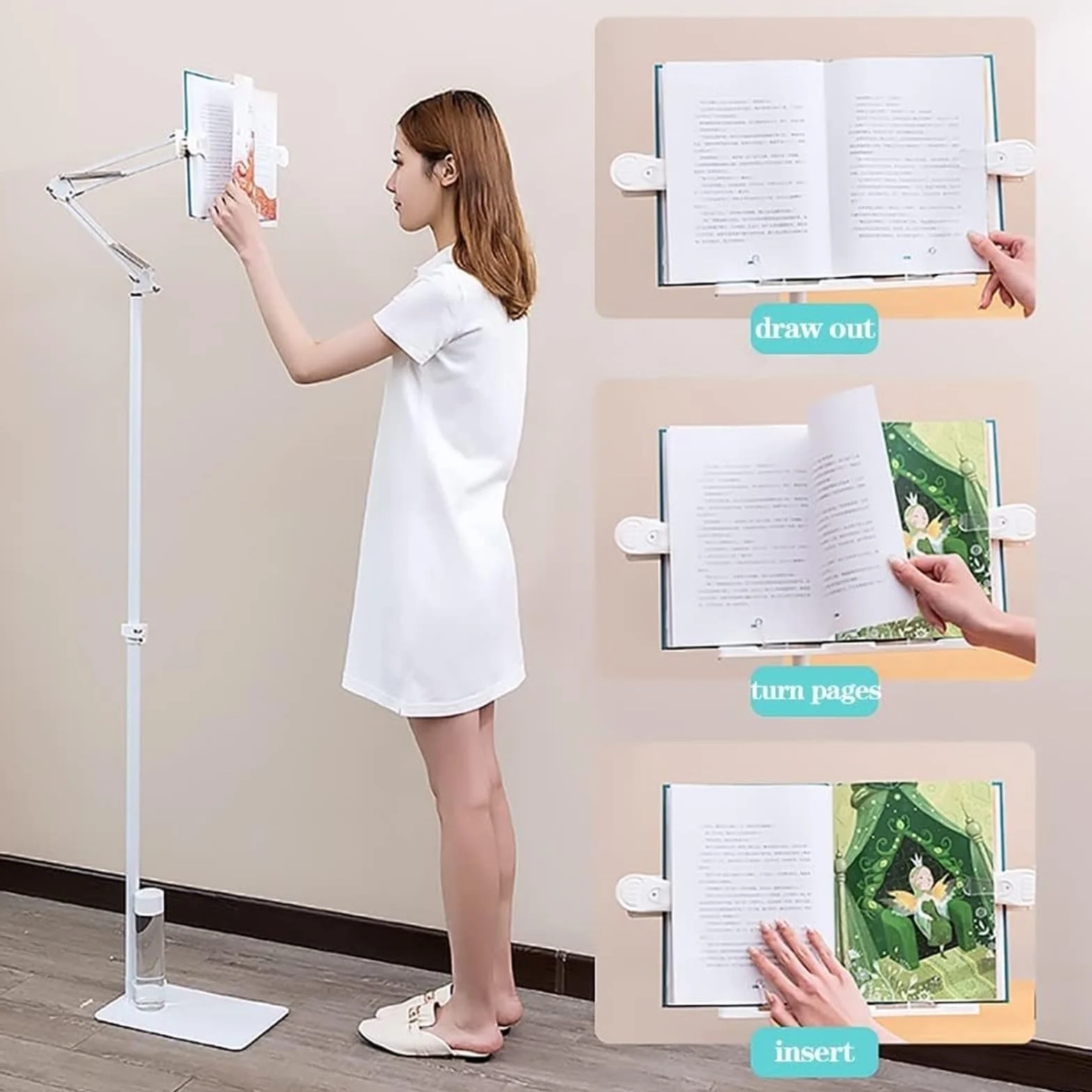 Regulowany stojak na książki podłogowe obracany o 360° do czytania książki kucharskiej muzyka telefon tablet składany wytrzymały wielofunkcyjny stojak na książki