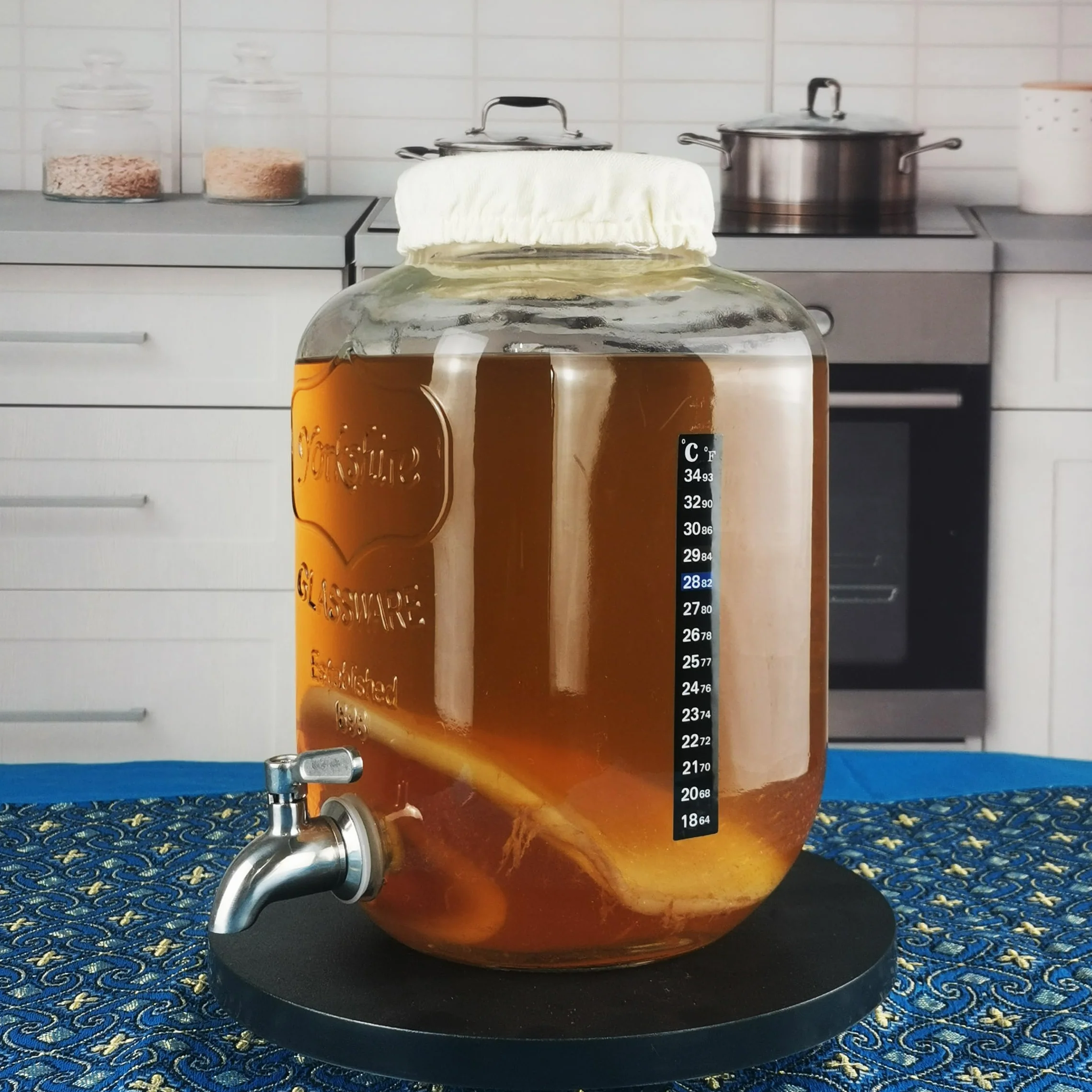 Zestaw do kombuchy 5,0L – fermentor szklany z kranem, lejek, ściereczka, naklejka termiczna, papiery pH