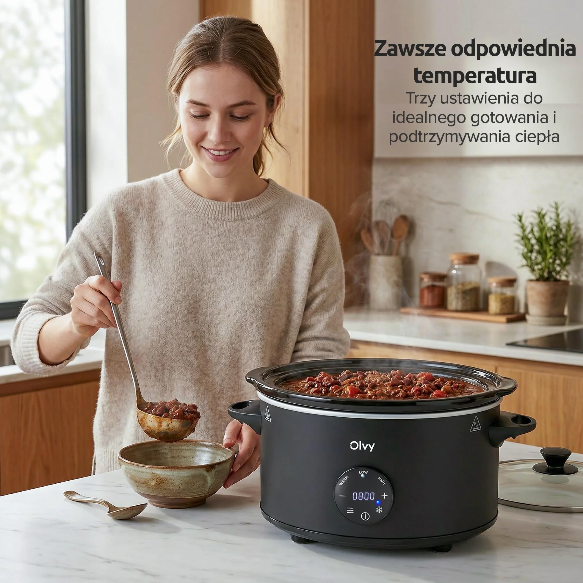 Olvy Slow Cooker 6 l Pro cyfrowy wolnowar z timerem, ekranem dotykowym, funkcja rozmrażania, 24 h, timer, 3 stopnie