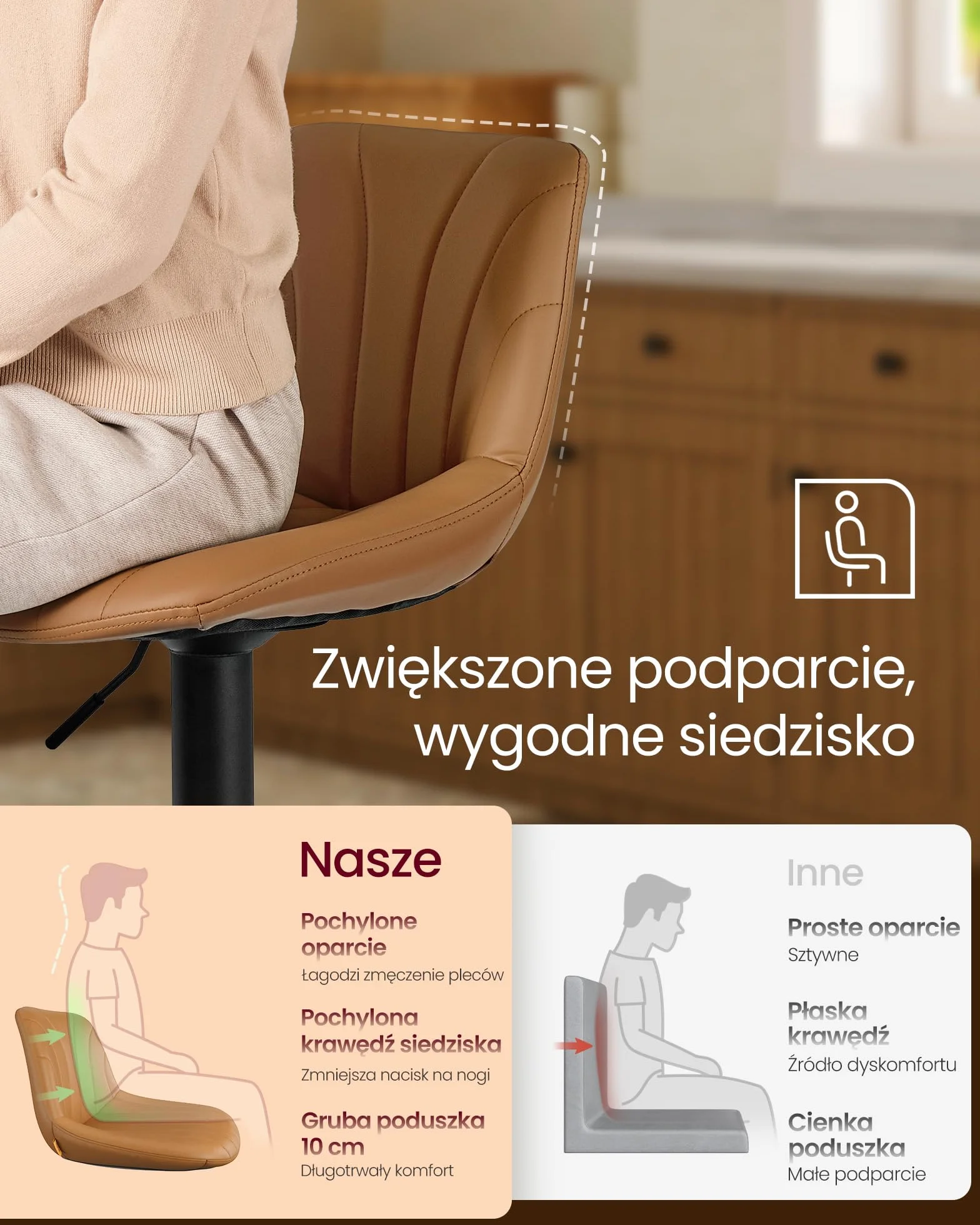 VASAGLE Zestaw 2 krzeseł barowych, krzesło barowe z oparciem, hoker kuchenny, regulowana wysokość, obrotowy 360°, do jadalni i kuchni, pokrowiec poliuretanowy, karmelowy brąz LJB181KN01