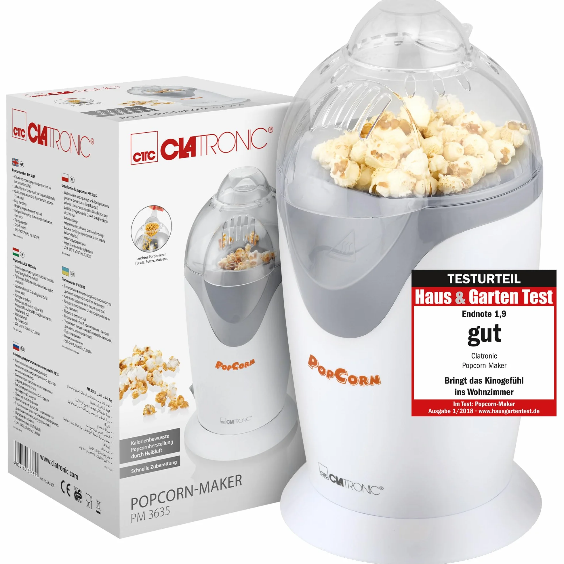 Clatronic PM 3635 automat do popcornu, produkcja popcornu świadomie kalorii za pomocą gorącego powietrza, szybkie przygotowanie, kolor biały