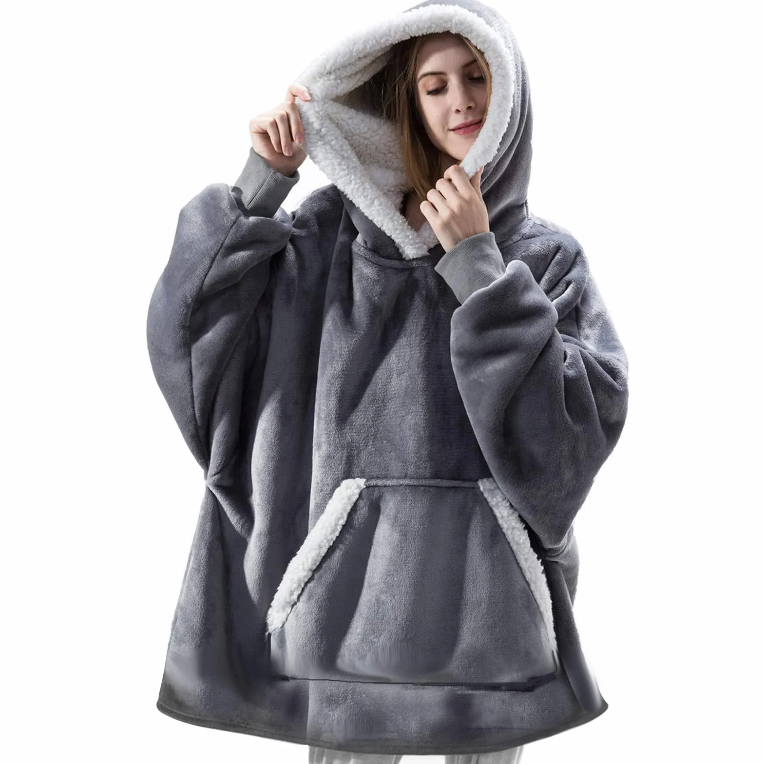 IvyH Bluza z kapturem, duże wymiary, oversize, wyjątkowo miękka, ciepła, pluszowa, rozmiar uniwersalny, dla mężczyzn, kobiet, dziewcząt, chłopców, uniseks, szary, jeden rozmiar