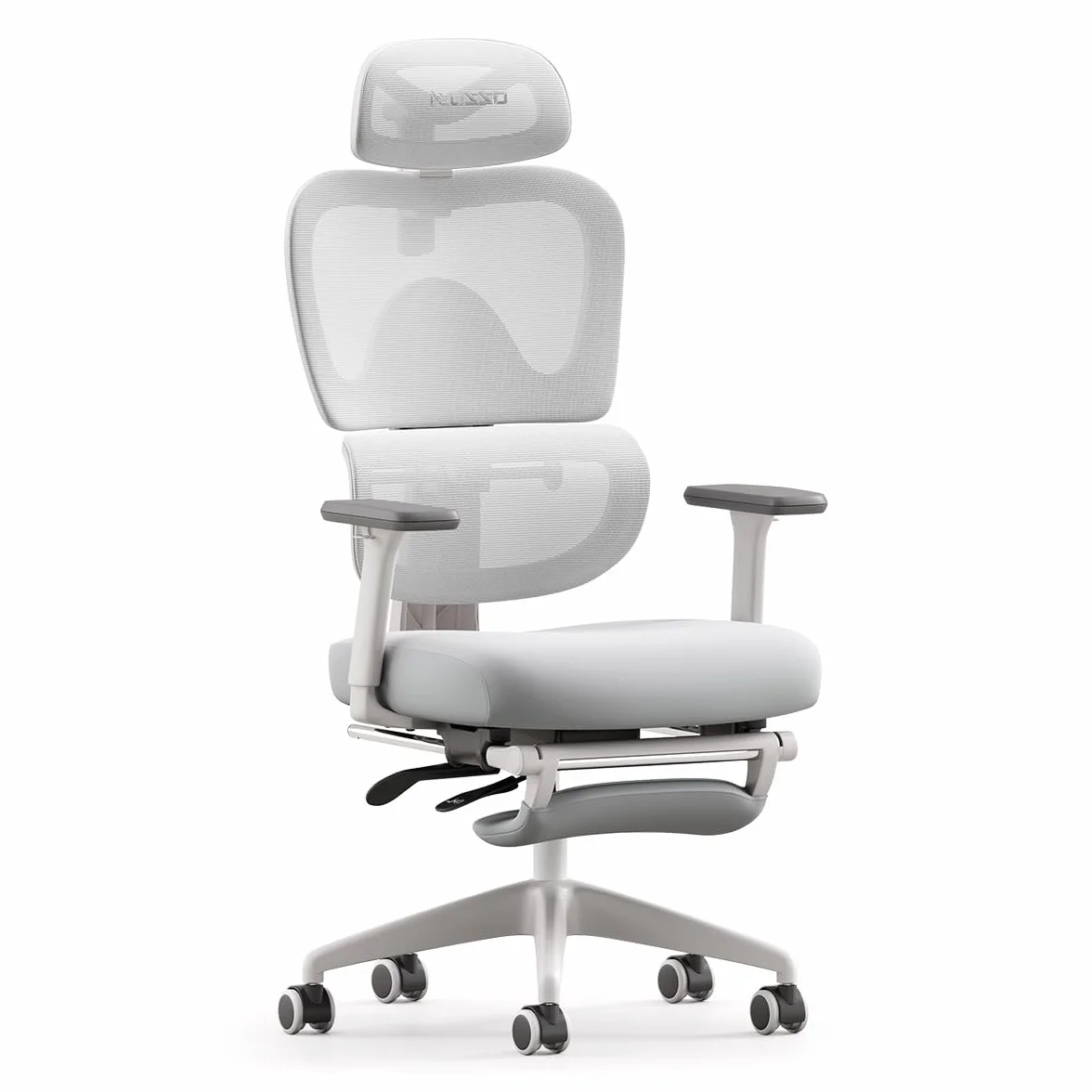 MUSSO E600SE Ergonomiczne krzesło biurowe, 3-poziomowe podparcie lędźwiowe, 3D regulowany podłokietnik, zagłówek z podnóżkiem
