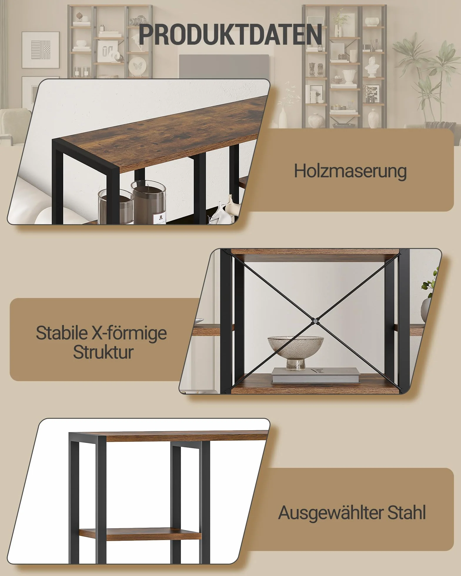 Hzuaneri Regał, 7-poziomowa biblioteczka z 18 otwartymi półkami, regulowany regał do salonu lub biura domowego, 30 x 100 x 200 cm, Rustykalny brąz i czerń, BC15601B