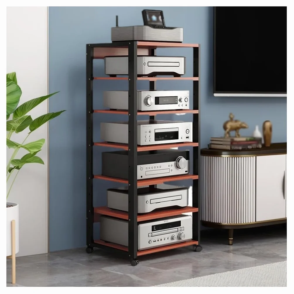 7-poziomowa półka audio HiFi, stylowy stojak na audio i wideo do salonu i studia, pusty deflektor do wzmacniacza i siatki na sprzęt (czerwony)