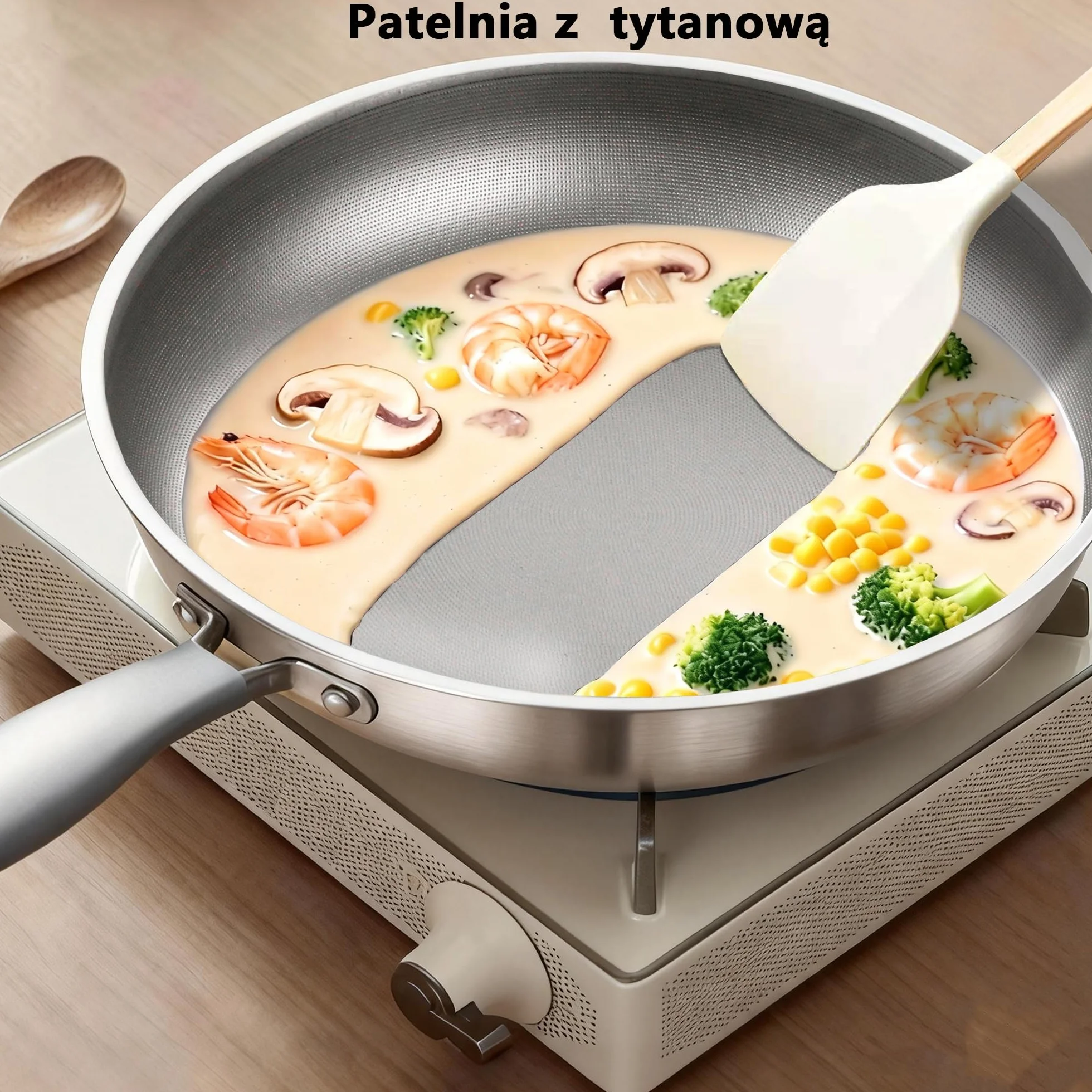 SSGP Patelnia Tytanowa 26-28 cm – Trójwarstwowe dno na indukcję – Naturalnie nieprzywierająca, bez PFOA – Łatwe czyszczenie – Optymalna do średniego ognia i niskotłuszczowego smażenia (28 cm)