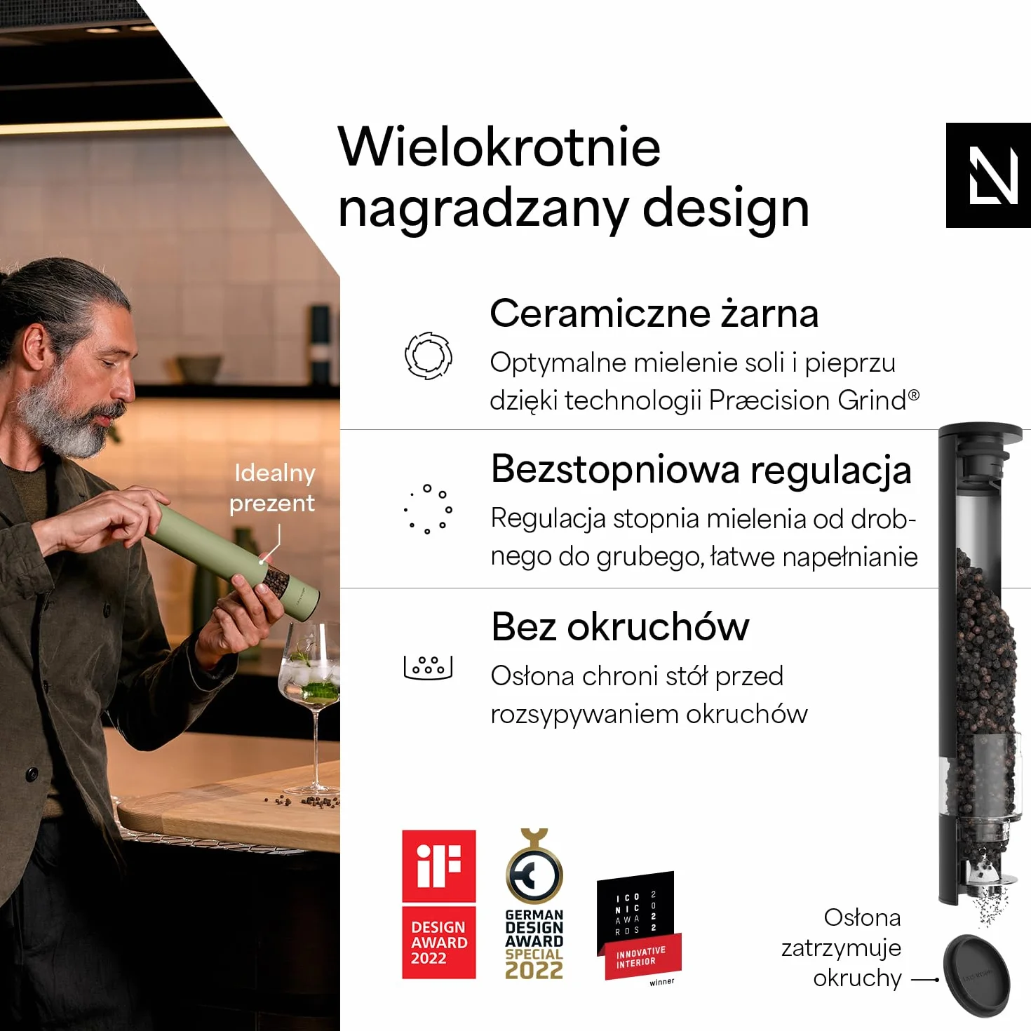 LARS NYSØM Młynek do soli i pieprzu ręczny duży (28,8 cm) z regulowanym ceramicznym mechanizmem mielącym od grubego do drobnego I Młynek do przypraw w designie (1 sztuka) (Carbon Black)