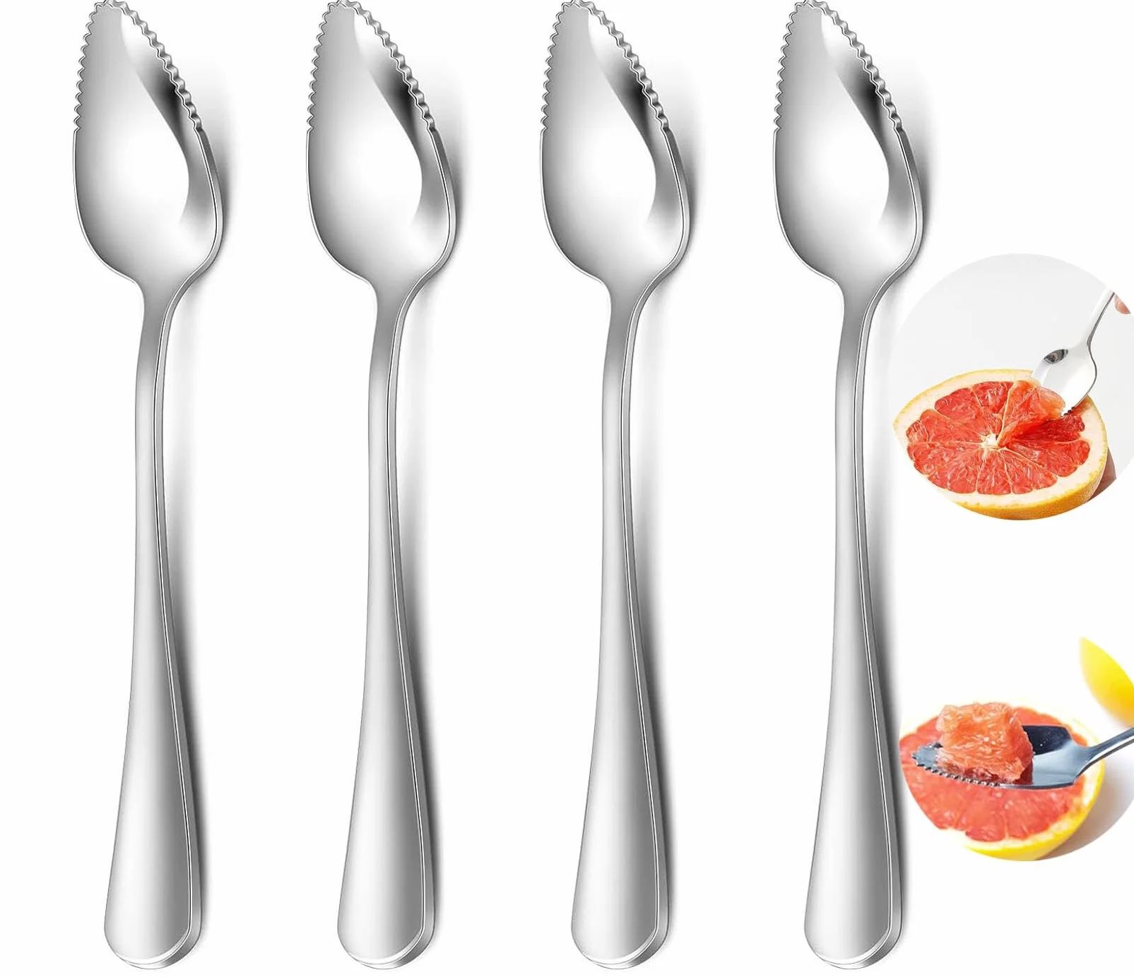 Zestaw 4 łyżek do grejpfruta ze stali nierdzewnej z zębami, łyżki deserowe ze stali nierdzewnej, do mycia w zmywarce, 16,7 cm