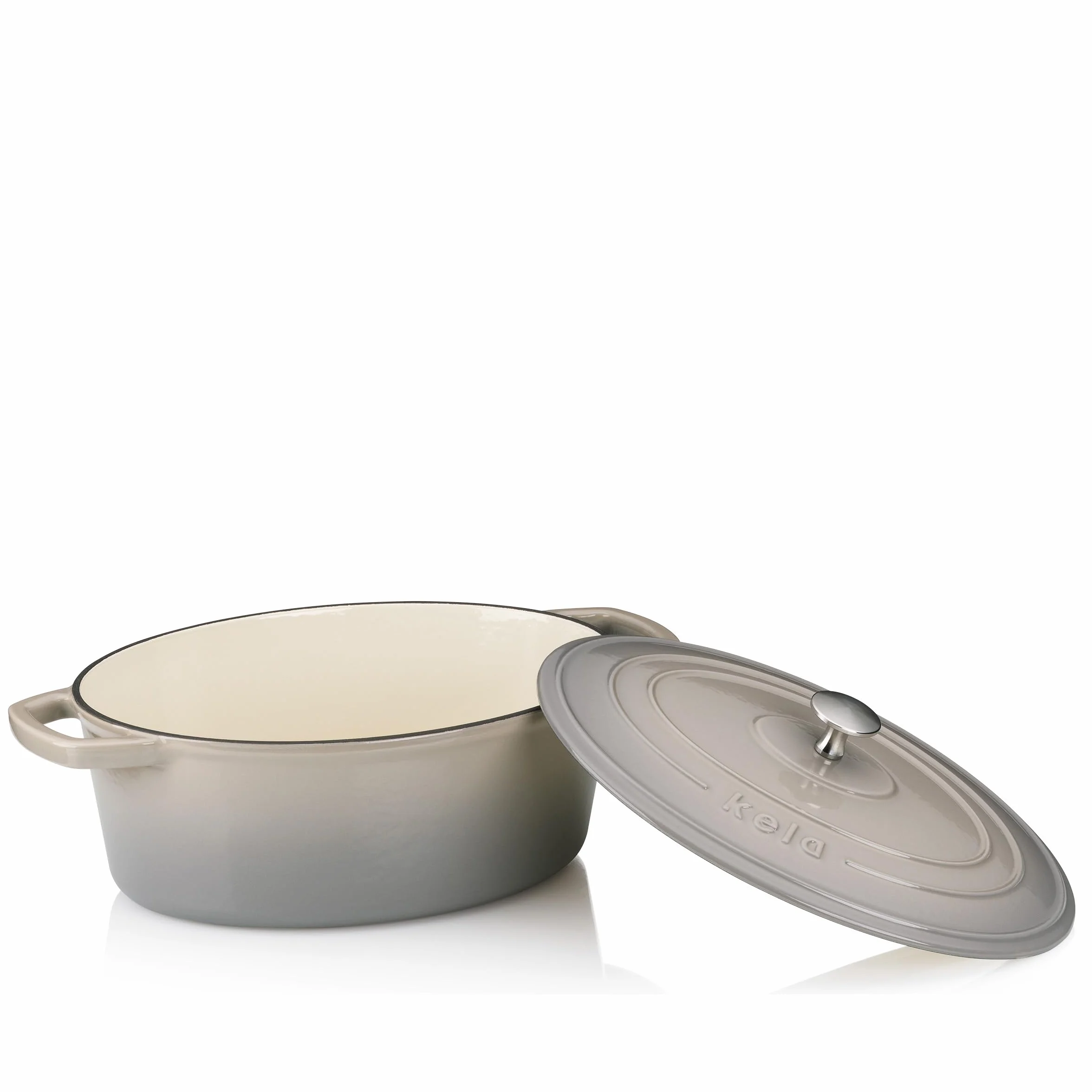 kela Garnek żeliwny owalny 4 litry, Dutch Oven CALIDO, indukcyjna brytfanna żeliwna z pokrywką, żeliwny garnek do pieczenia chleba, emaliowany, jasnoszary