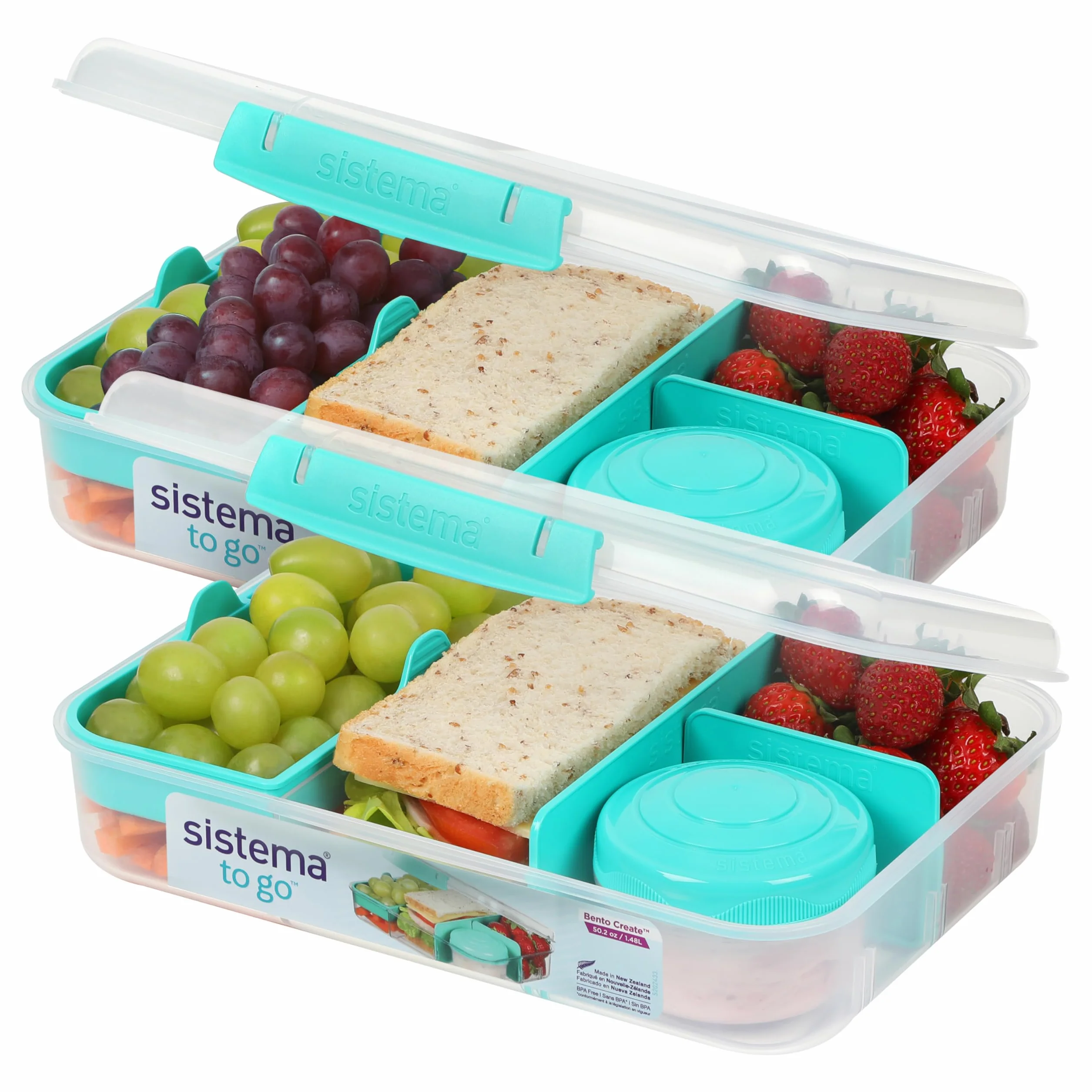Sistema TO GO Bento Box Create | 1,48 l | szkolne pudełka na lunch z przegródkami i pojemnikiem na przekąski, bez BPA, 2 sztuki, miętowy turkusowy