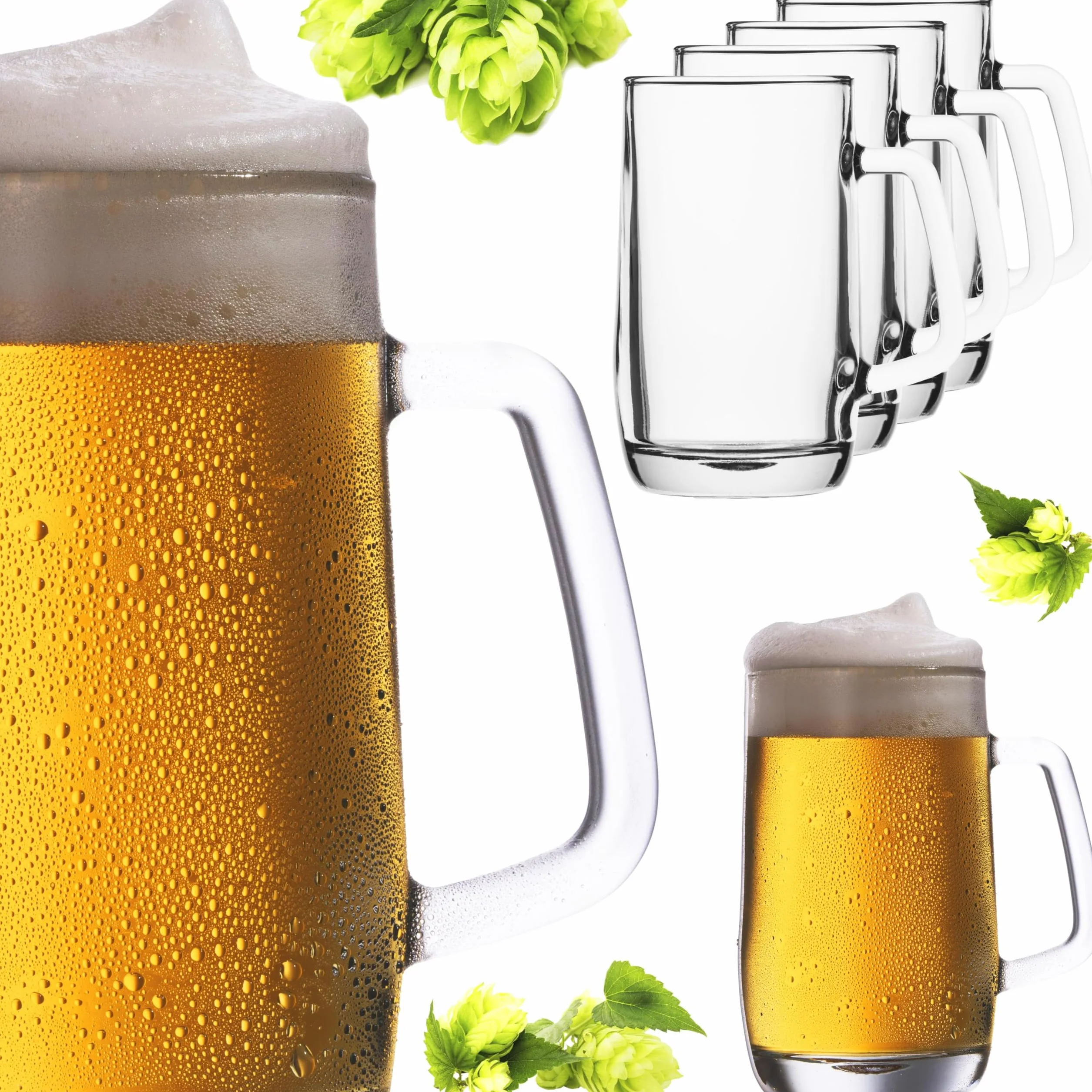 PLATINUX Zestaw 6-częściowy kufel do piwa z uchwytem ze szkła, 500 ml (maks. 580 ml) kufel do piwa kufle do piwa szklanki do piwa 0,5 l kufel do piwa