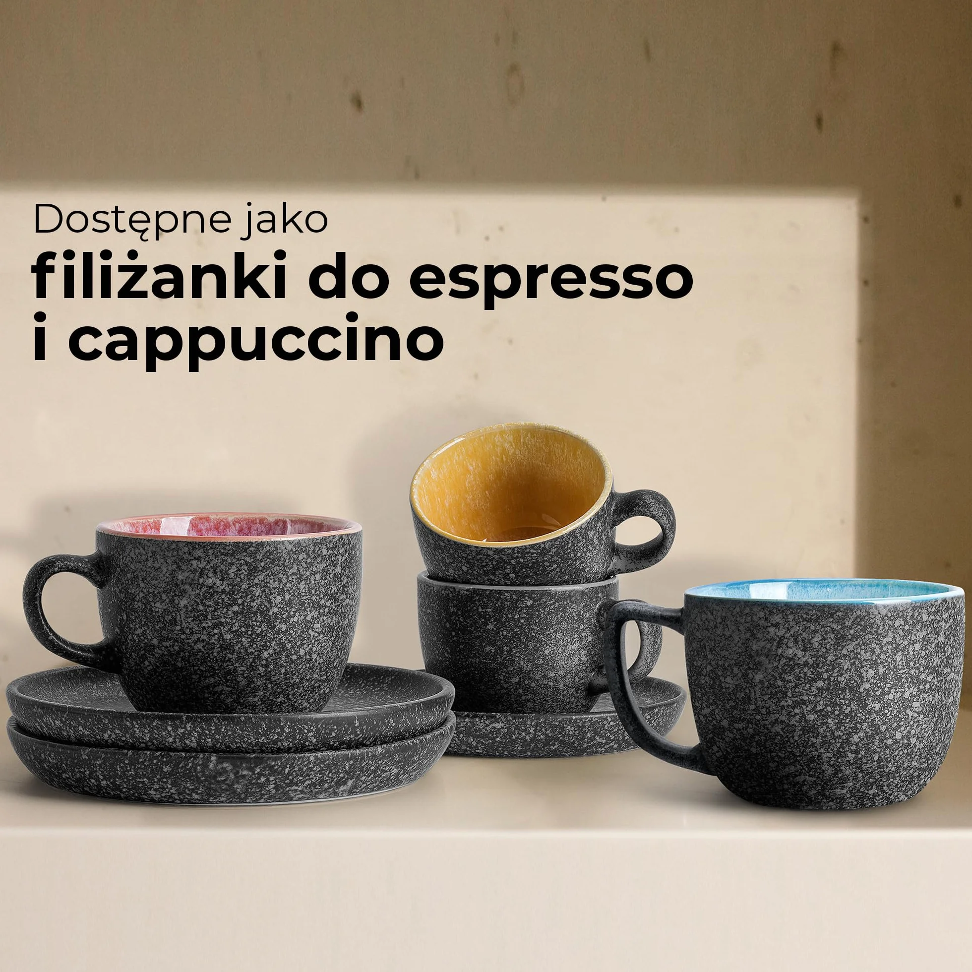 MIAMIO – 80 ml ceramiczne składane filiżanki do espresso z spodkami i metalowym stojakiem, zestaw 6 filiżanek do espresso, filiżanki demitasses, kubki do kawy na espresso, latte, café mocha i herbatę