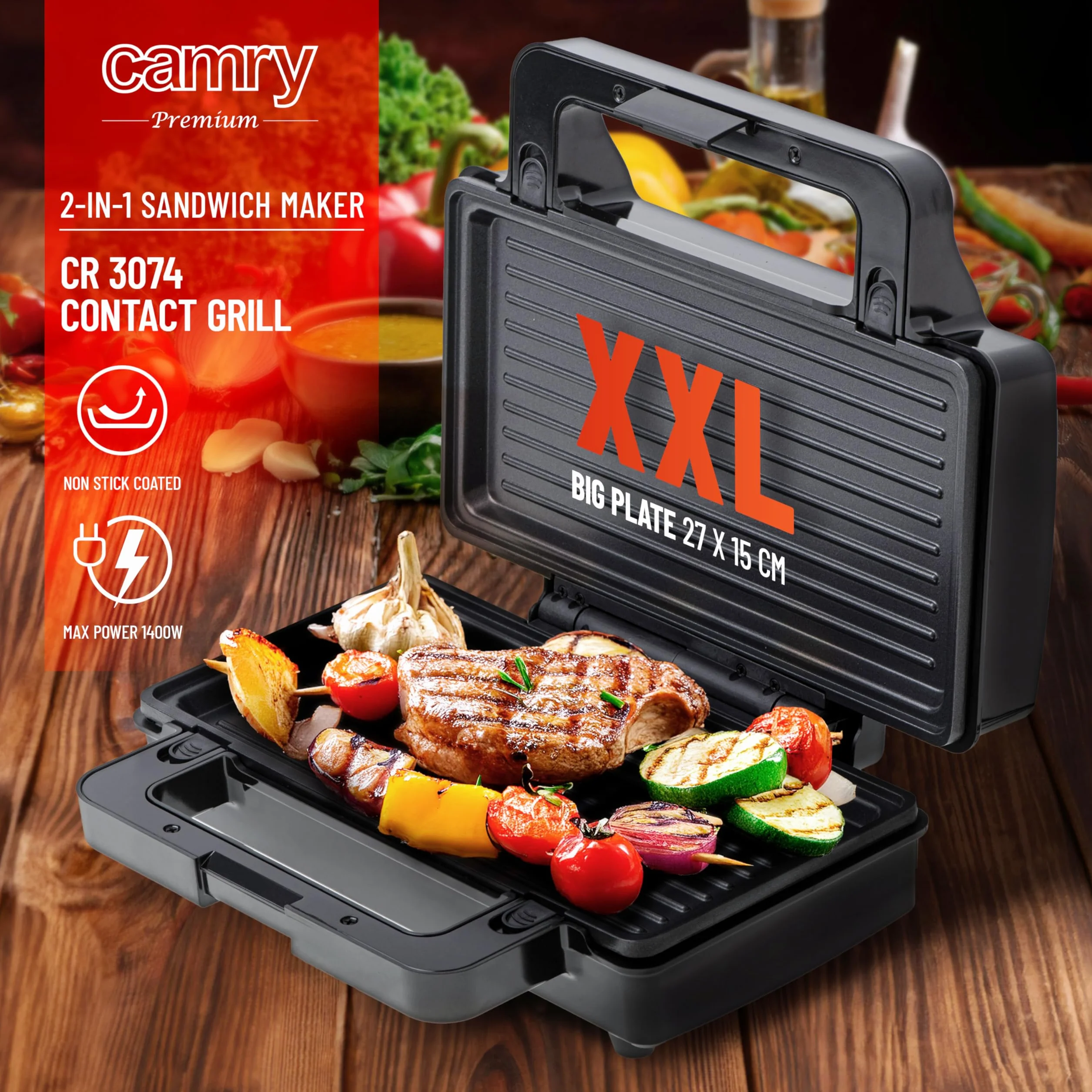 CAMRY – Toster Panini 2 w 1,grill opiekacz do kanapek, 2 rodzaje wymiennych płyt, nieprzywierająca powłoka, 1400 W, srebrno-czarny, CR3074