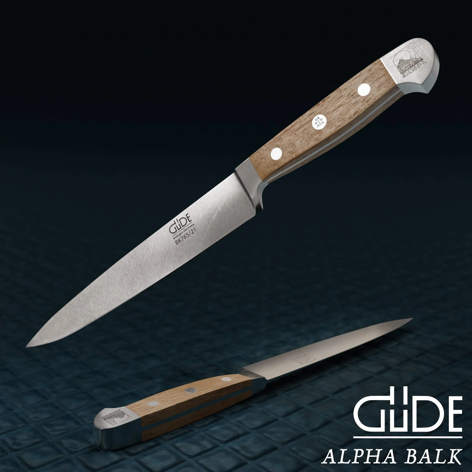 GÜDE Solingen - Nóż do szynki, kuty, 21 cm, dąb Balkhauser Kotten, ALPHA-BALK - Nóż do wędlin, podwójny trzpień, Ręcznie robiony w Niemczech