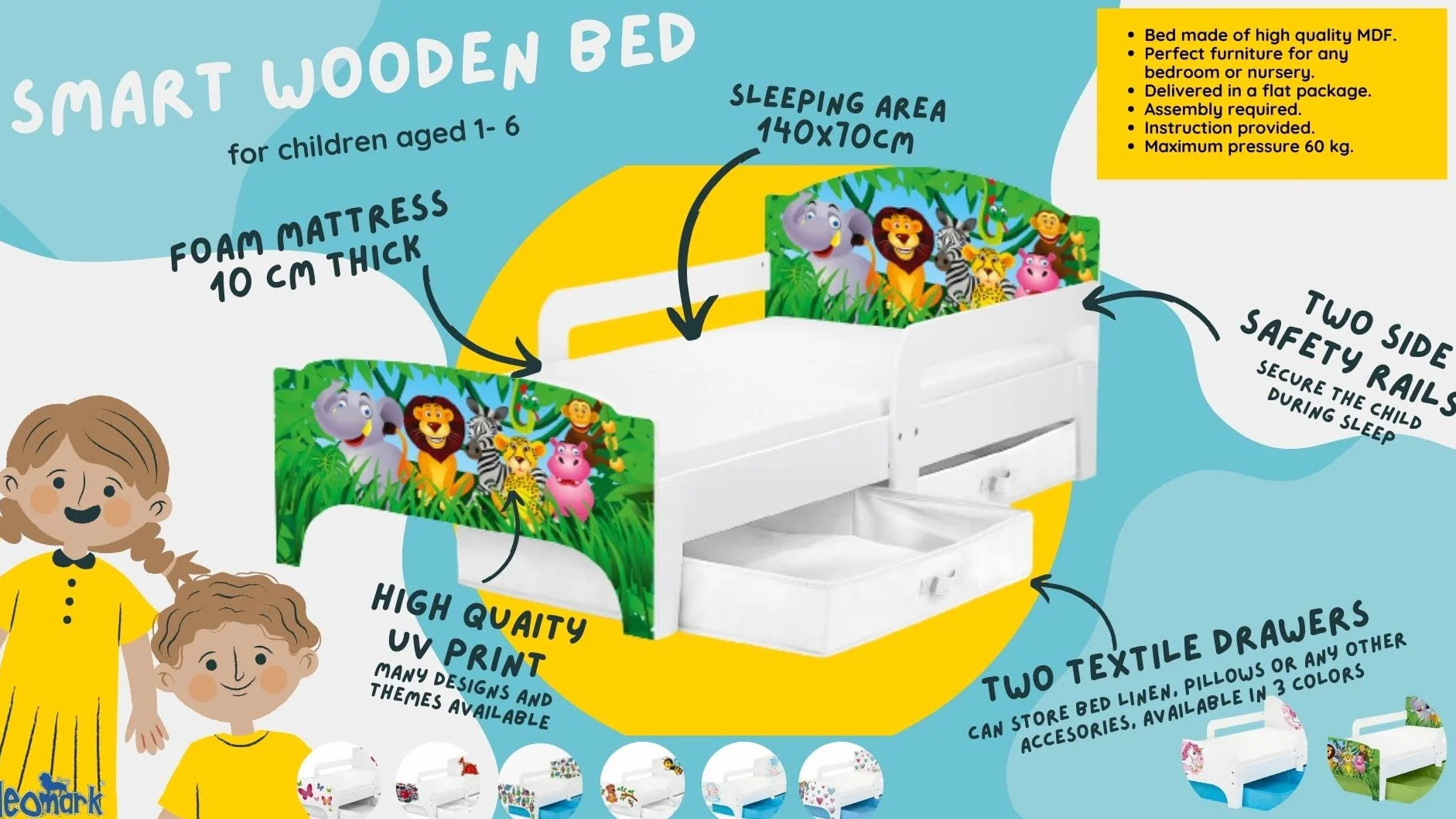 Leomark łóżko dziecięce SMART 70 x140 cm pojedyncze łóżeczko z szufladami na pościel, materacem i barierką ochronną Białe + niebieskie szuflady