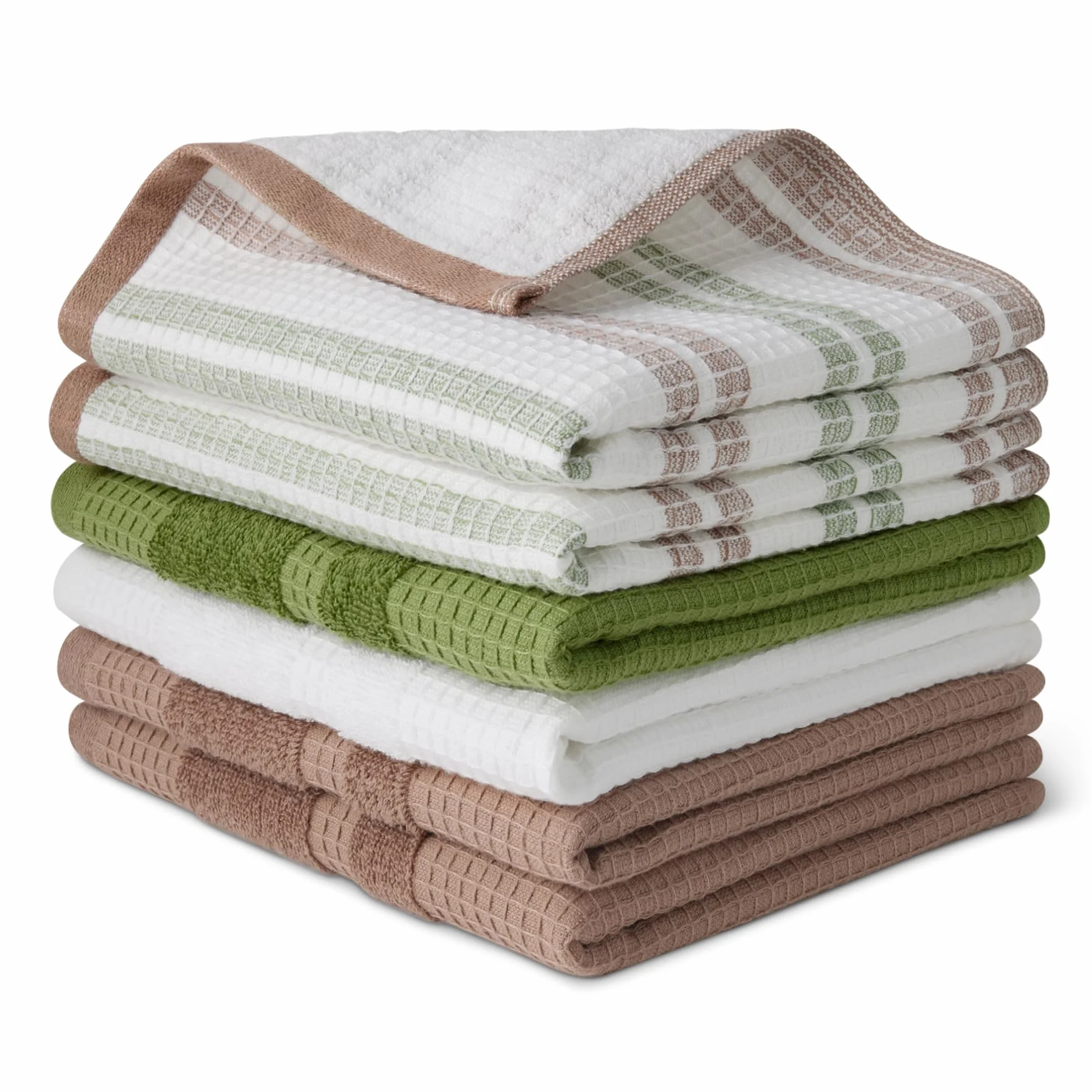 Amazon Basics Ściereczki do naczyń o strukturze wafla ze 100% ekologicznej bawełny, bardzo chłonne, szybkoschnące, niekłaczące, 38cm x 64cm, zestaw 6 szt., zielone, brązowe, białe