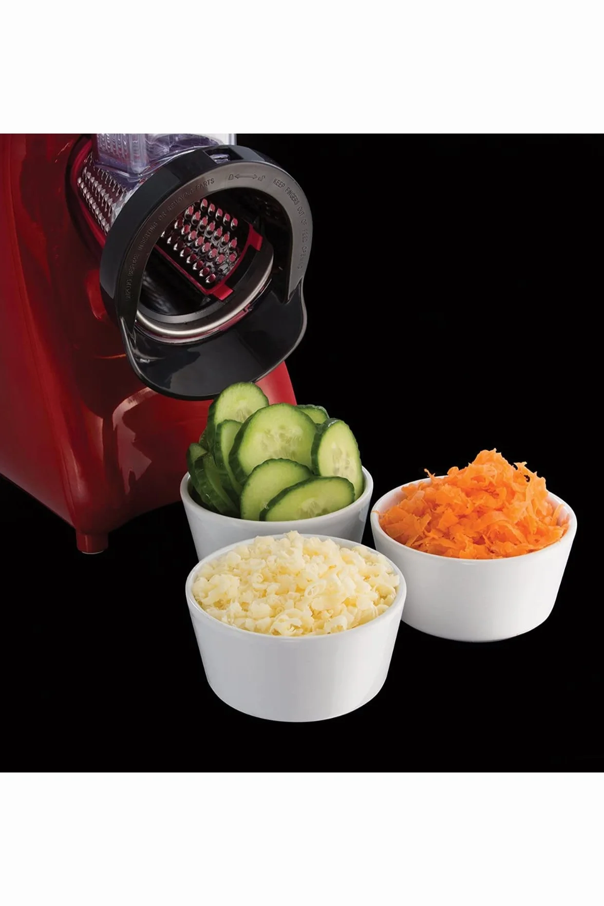 Russell Hobbs szatkownica, szatkowanie warzyw i owoców, tarcze ze stali nierdzewnej, ścieranie drobne, ścieranie grube, krojenie,wbudowany schowek na akcesoria, moc 200W, bordowy, Desire 22280-56