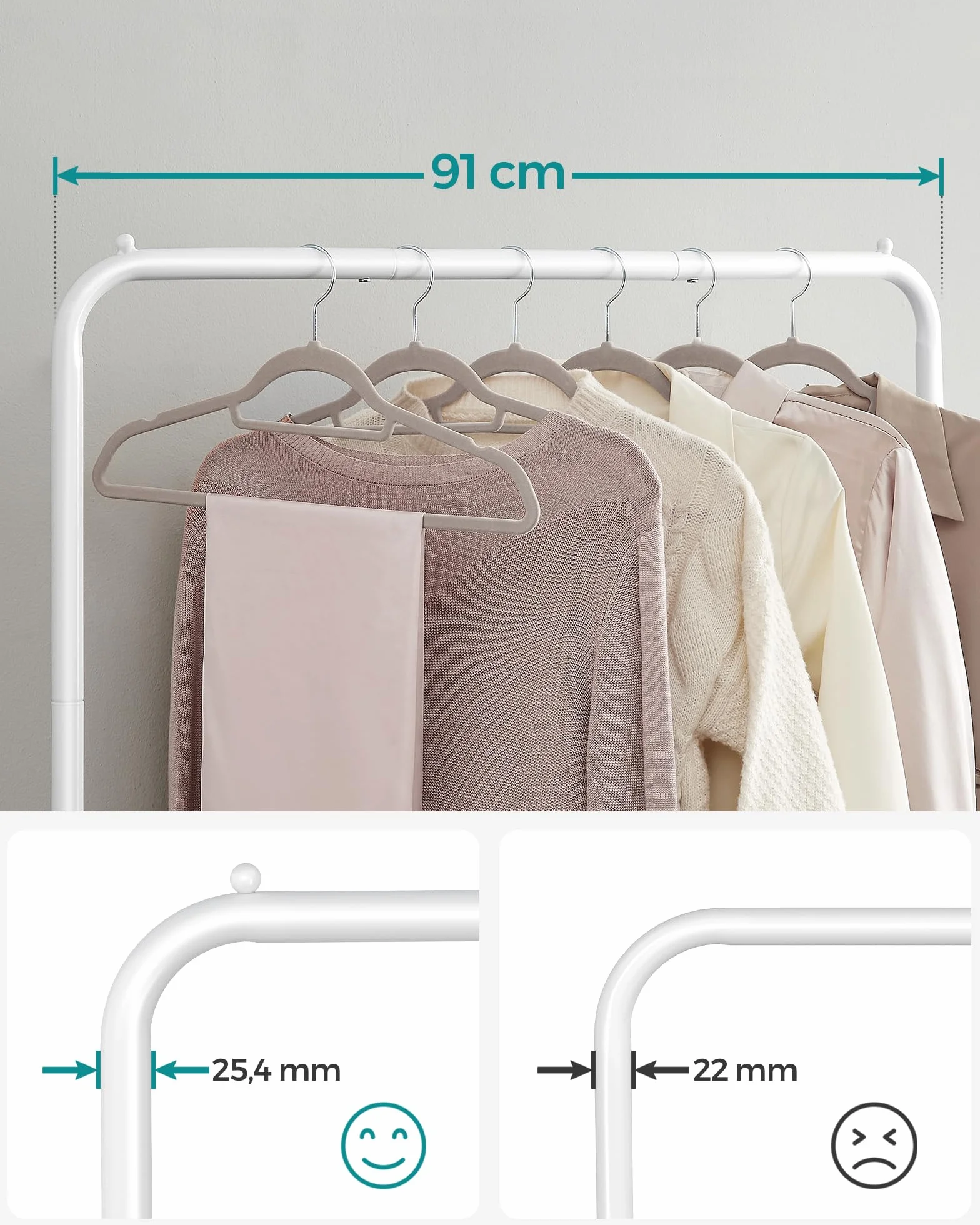SONGMICS HSR025W01 wieszak na ubrania, drążek na ubrania, metalowy wieszak na kółkach o szerokości 91 cm, z półką, 2 rolki z hamulcem, drążek obciążający do 40 kg, biały