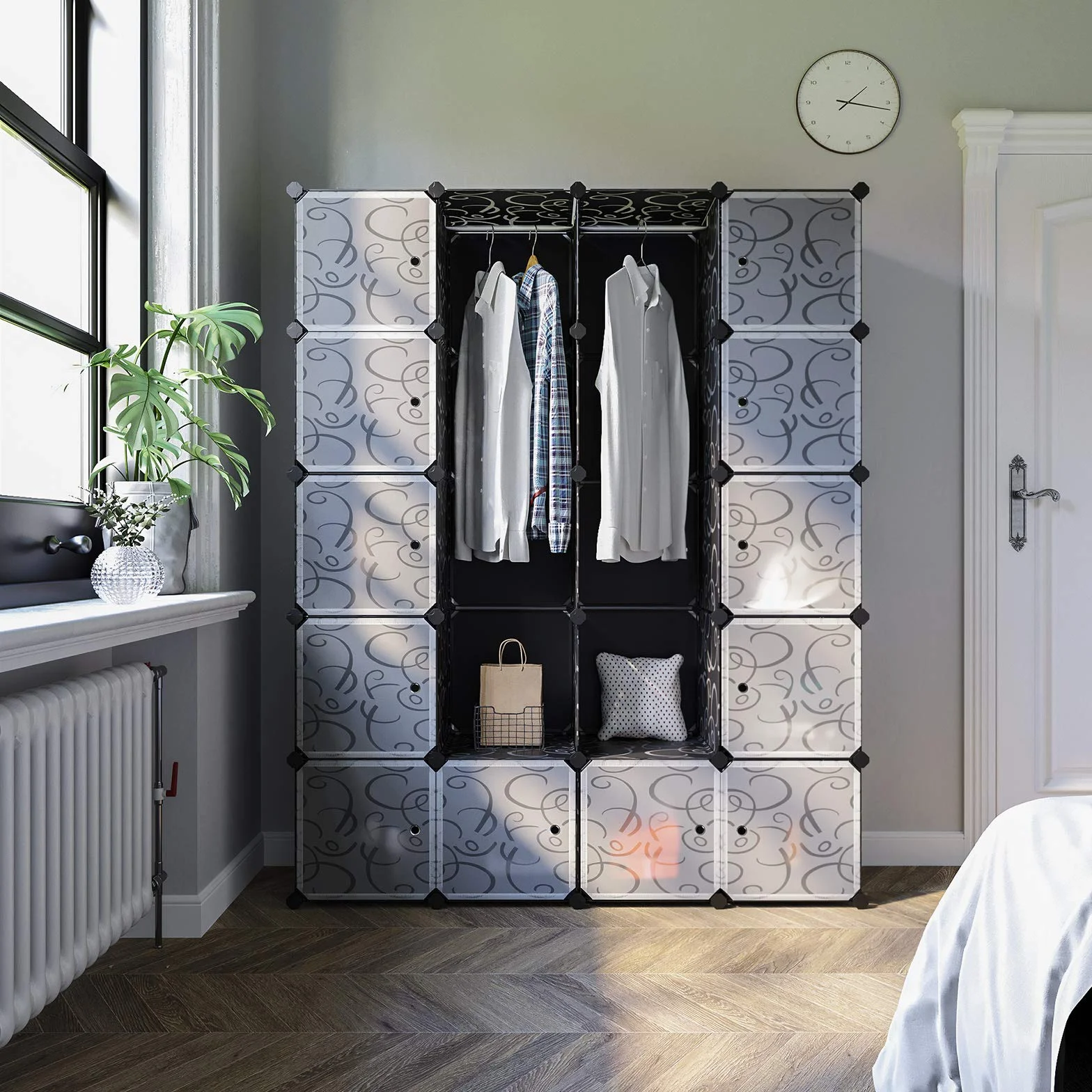 SONGMICS LPC30H szafa na ubrania z 2 drążkami na ubrania, modułowa szafa kombi, zajmujący mało miejsca, system regałów wtykowych, 143 x 36 x 178 cm, czarna