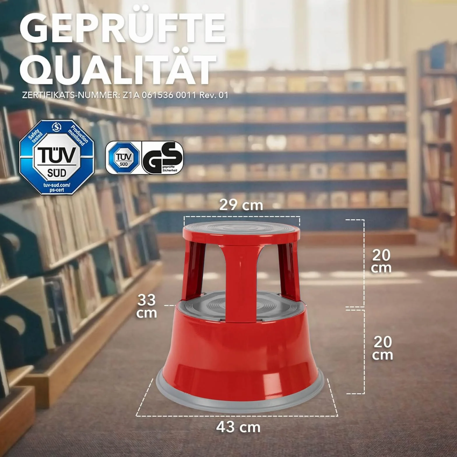 casa pura Stalowy taboret – stołek premium na kółkach | antypoślizgowa gumowa platforma | odporny na wgniecenia i rdzę, obciążenie 150 kg | czerwony