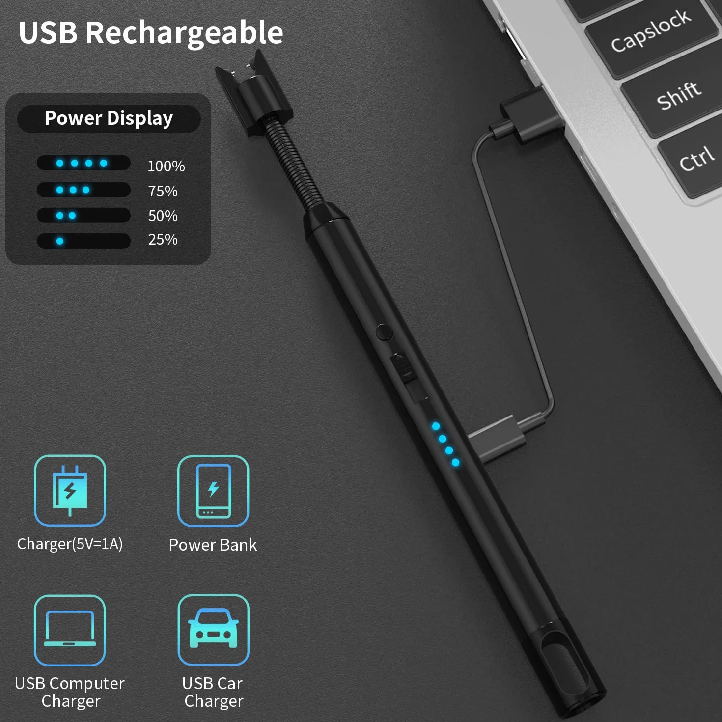 Zapalniczka łukowa, ładowana przez USB, zapalniczka elektryczna, wiatroszczelna, bezpłomieniowa, elektroniczna, do zapalania świec, kuchenek gazowych (czarna)