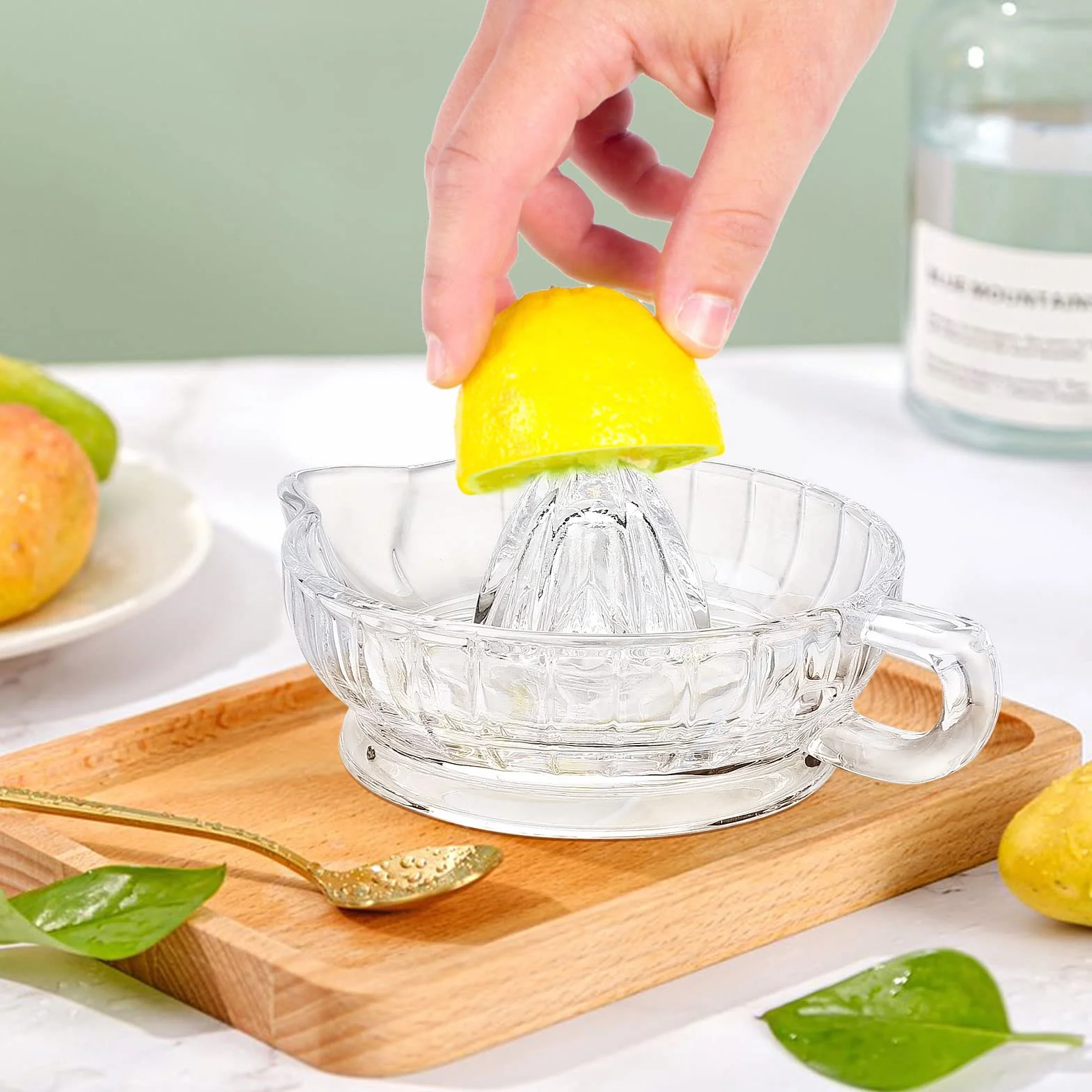 Derefine szklana praska do cytryn, wyciskarka do cytrusów z uchwytem i lejkikiem, mała ręczna praska do pomarańczy, przezroczysta ręczna wyciskarka do pomelo, pomarańczy, cytryny (przezroczysta)