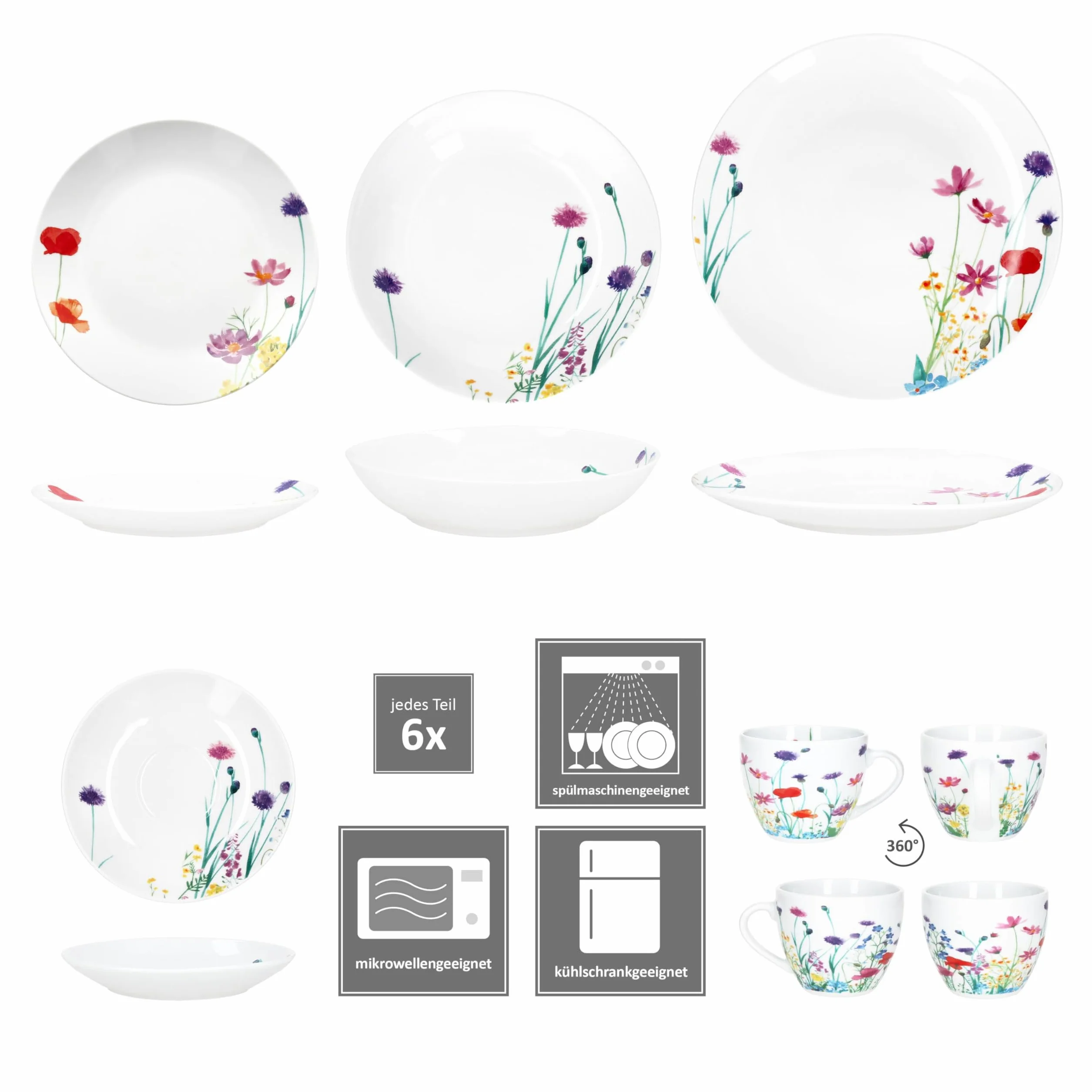 MamboCat Marie 30-częściowy serwis obiadowy, porcelanowy zestaw naczyń z dekoracją łąki kwiatowej dla 6 osób, po 6 filiżanek, spodków, talerzy do ciasta i zupy