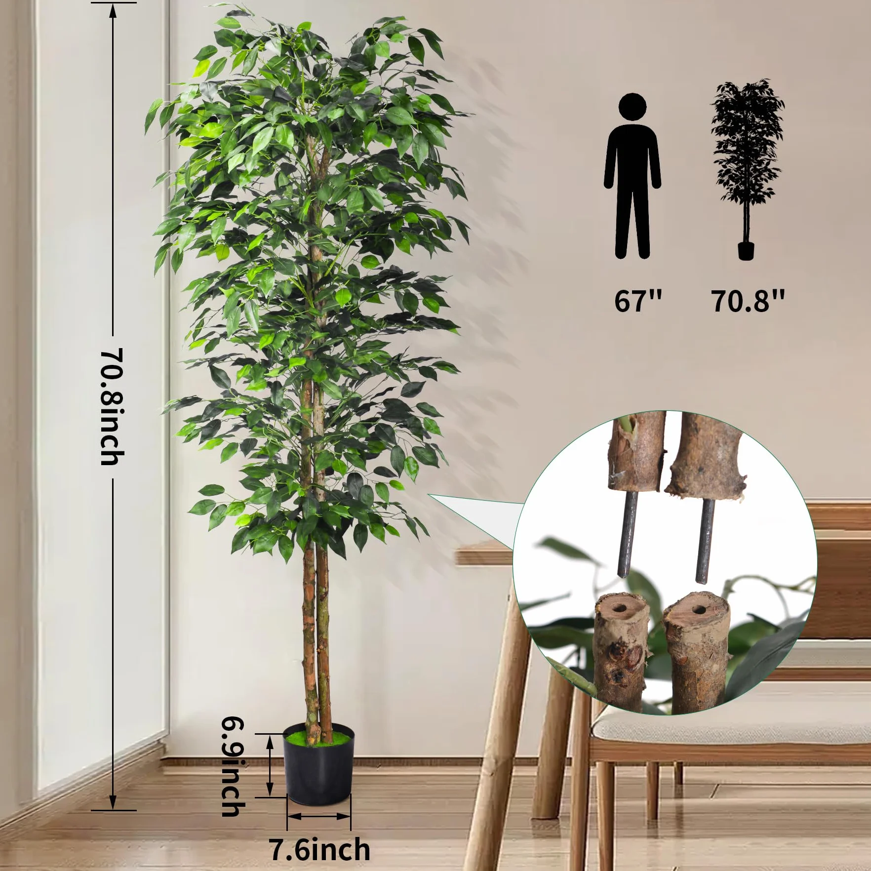 HAIHONG Sztuczne drzewo Ficus z realistycznymi liśćmi i naturalnym pniem, sztuczne drzewo figowe z solidną plastikową doniczką do pokoju dziecięcego, sztuczne drzewo figowe do biura, domu, do