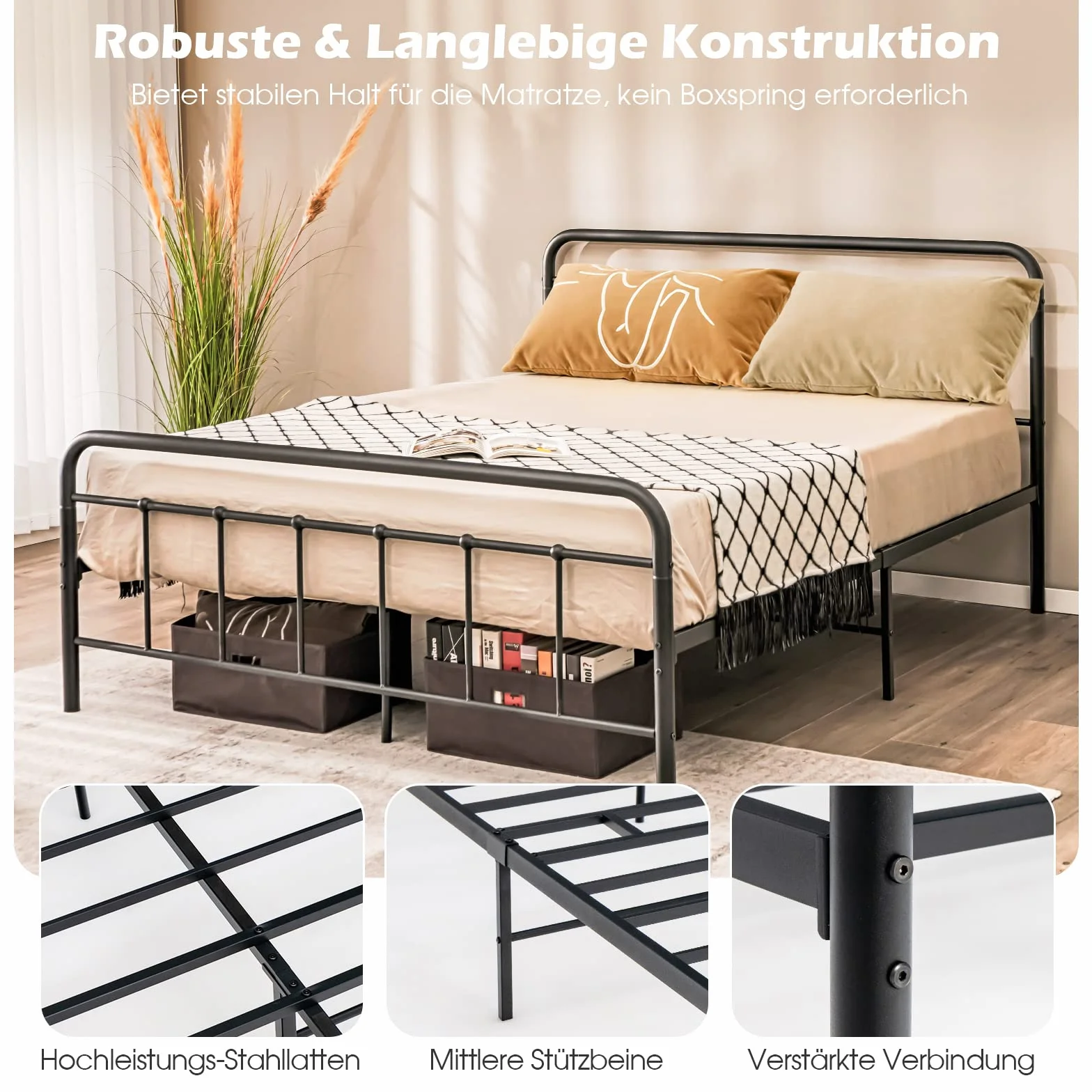 COSTWAY metalowe łóżko z ramą na materac 200 x 160 cm, podwójne stelaż łóżka, łóżko z ramą i szkieletem, miejsce do przechowywania pod łóżkiem, metalowe łóżko gościnne z platformą