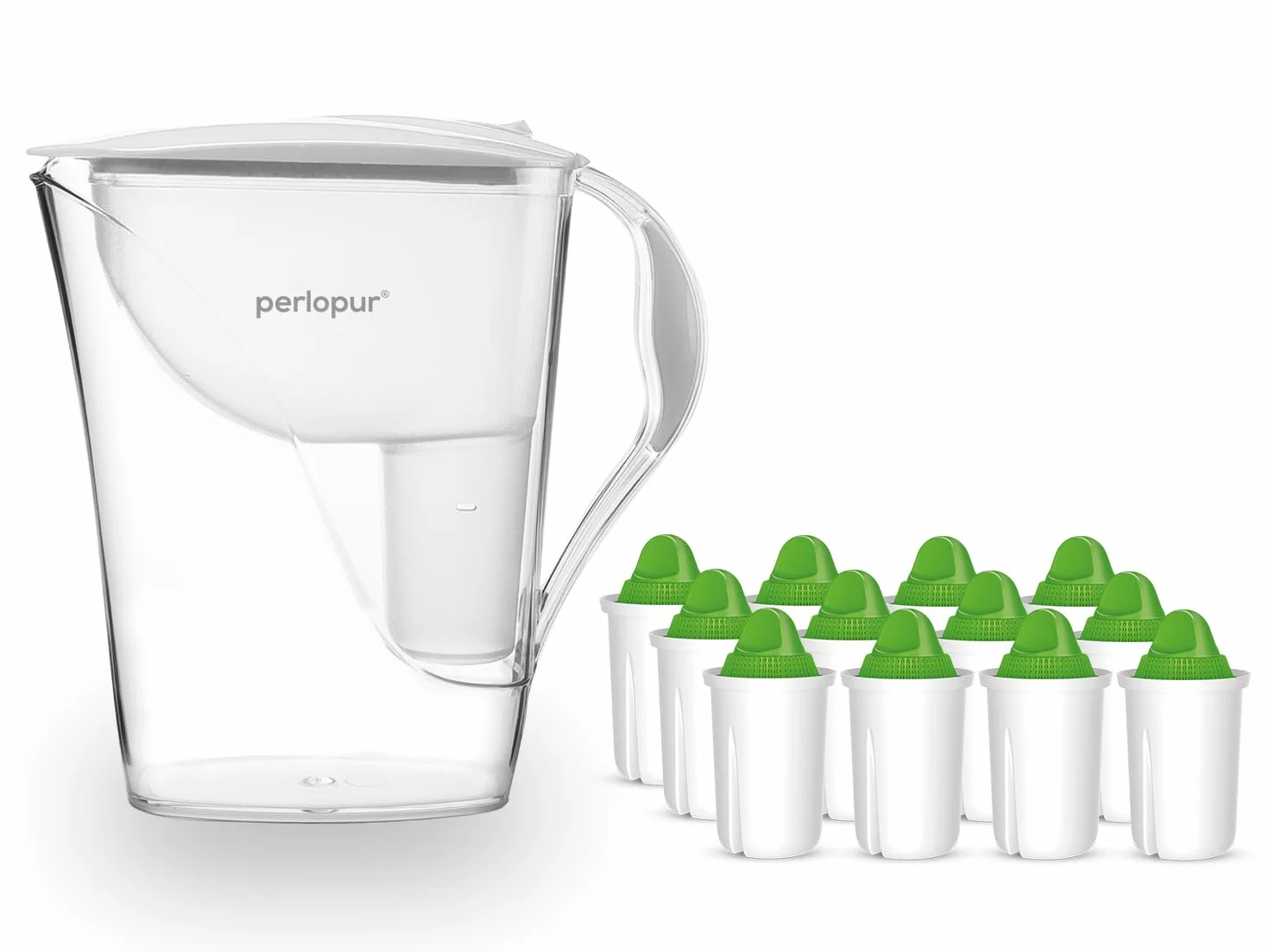 PearlCo - Filtr do wody Fashion (biały) z 12 wkładami filtrującymi alkalicznymi (do wody zasadowej) – pasuje do Brita Classic