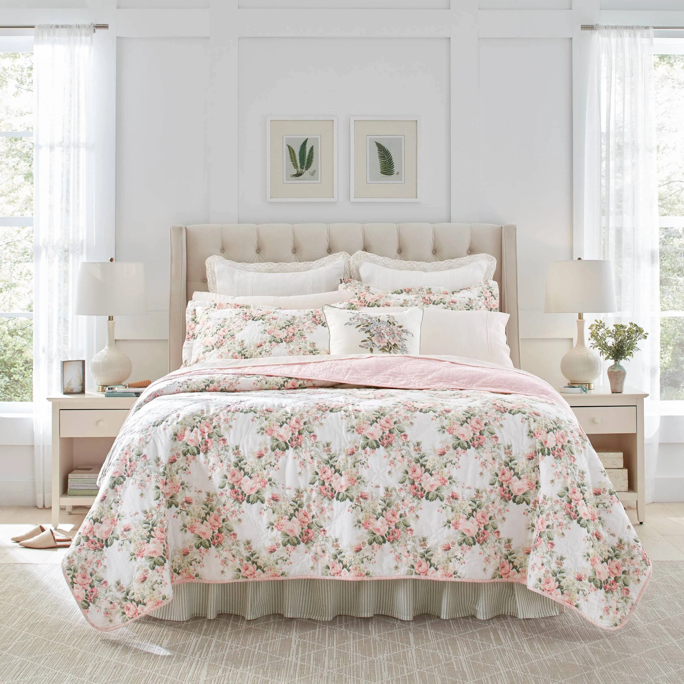 Laura Ashley Bawełniany dwustronny zestaw pościeli, całoroczny wystrój domu domku, Joyce różowy/biały, podwójny