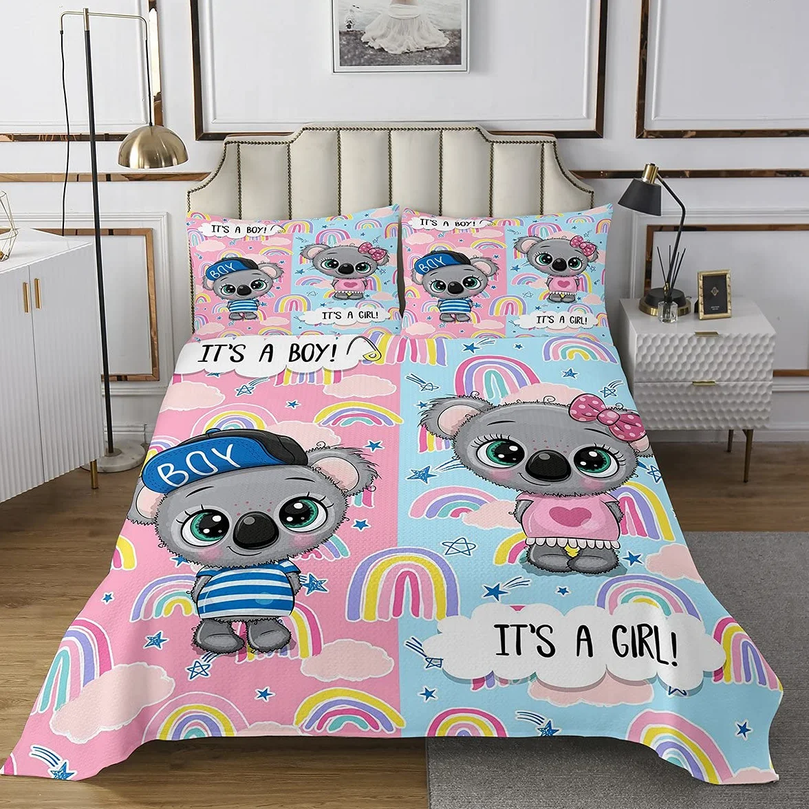 Urocza narzuta dla niemowląt, 240 x 260 cm, zestaw pościeli z nadrukiem tęczy dla dzieci i dorosłych, zwierzę Kawaii, niebiesko-różowa, zestaw pościeli z 2 poszewkami na poduszki, poliester