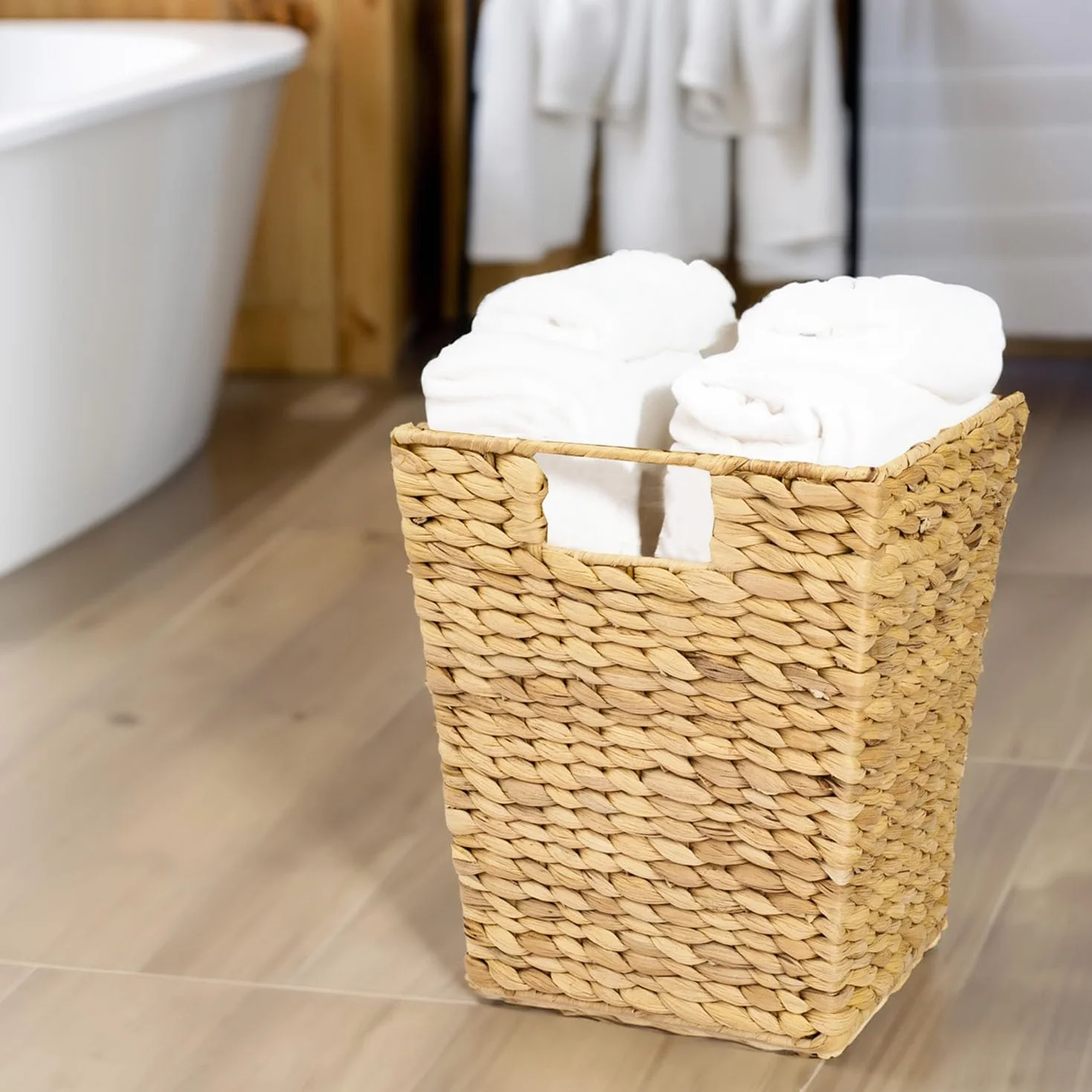 HMF Kosz na śmieci pleciony z hiacyntu wodnego kwadratowy 25 x 25 x 30 cm 2 uchwyty