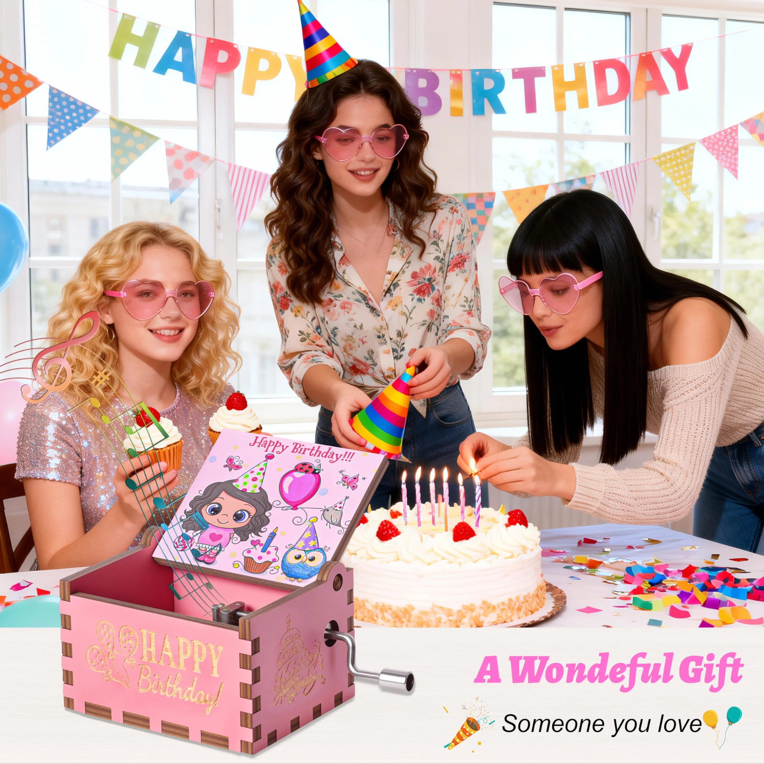 Różowa korba drewniana pozytywka z muzyką Happy Birthday Vintage Muzyczny prezent na urodziny rocznicę Boże Narodzenie dla dzieci przyjaciele