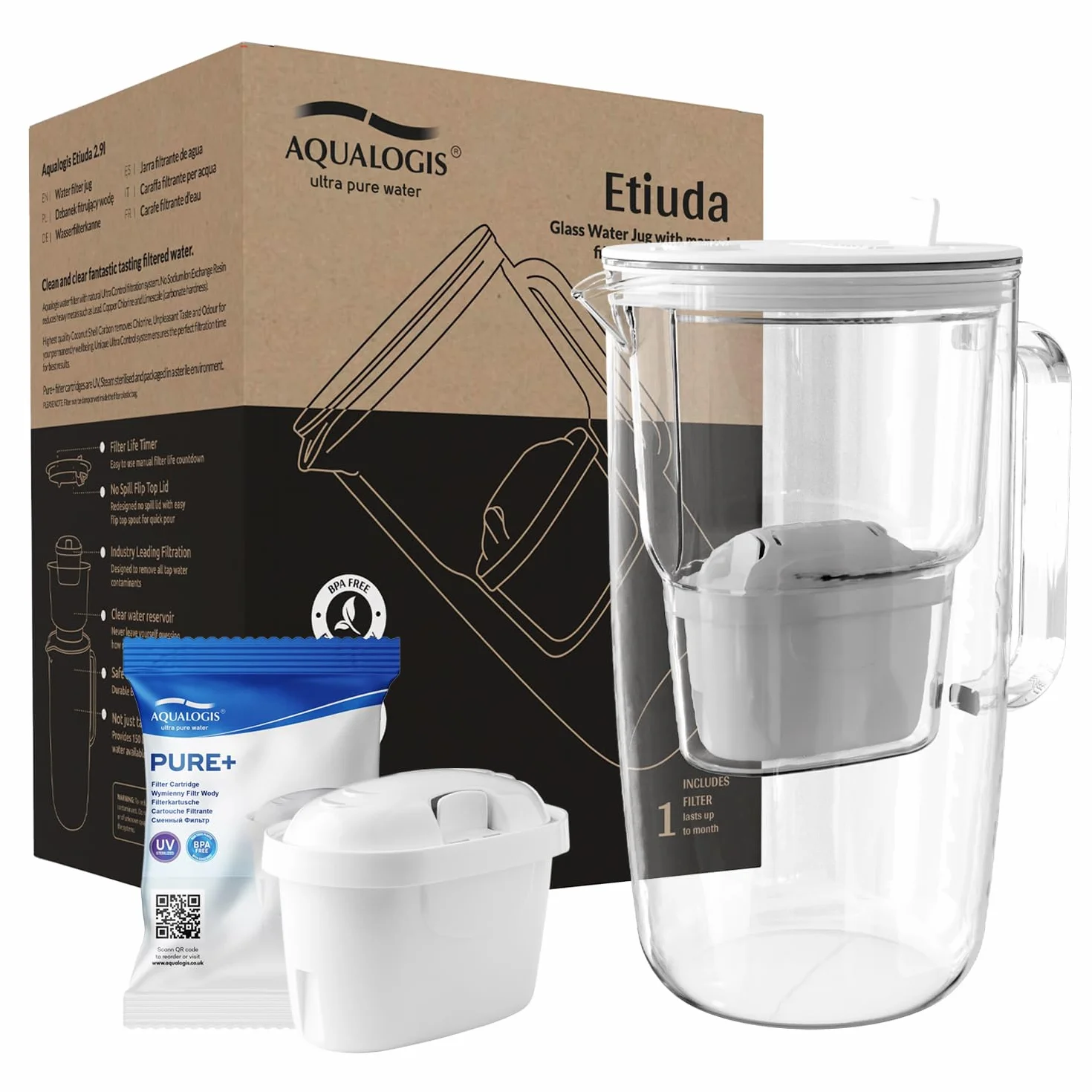 Aqualogis Etiuda 2.9L | Premium Szklany Dzbanek Filtrujący Wodę | z 1 Wkładem Pure+ | Biały | Redukuje nieprzyjemny zapach i smak
