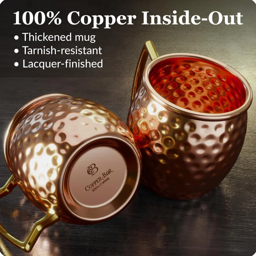COPPER-BAR Moscow Mule miedziane kubki – unikalny ręcznie wykonany zestaw 4 sztuk, młotkowane przez rzemieślnika, 100% czystej litej miedzi kubki 470 ml do wody pitnej i koktajli, zawiera 19 szt