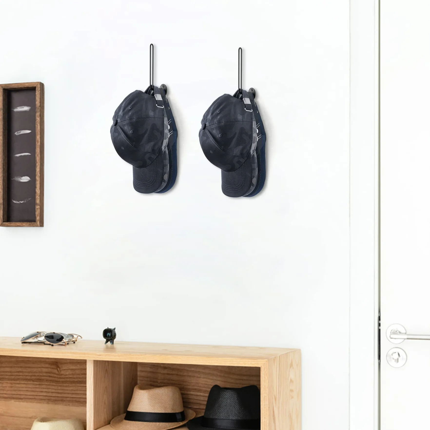 Mkono Czarny metalowy organizer na kapelusze, zestaw 2 haczyków ściennych w kształcie litery L, mieści 20 czapek, oszczędność miejsca, minimalistyczny design, antypoślizgowy, idealny do czapek z