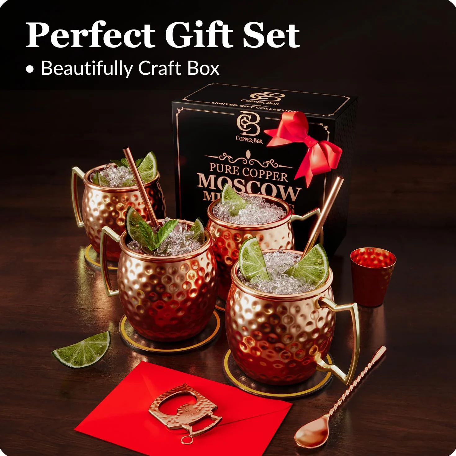 COPPER-BAR Moscow Mule miedziane kubki – unikalny ręcznie wykonany zestaw 4 sztuk, młotkowane przez rzemieślnika, 100% czystej litej miedzi kubki 470 ml do wody pitnej i koktajli, zawiera 19 szt