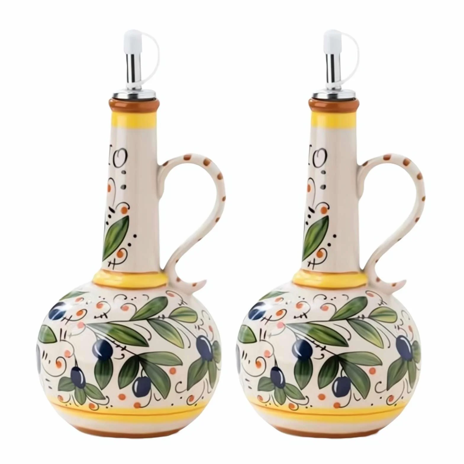 Generic Ceramiczny olej z oliwek, 500 ml, ręcznie malowana, z dziobkiem ze stali nierdzewnej, do olejów, sosów, octu