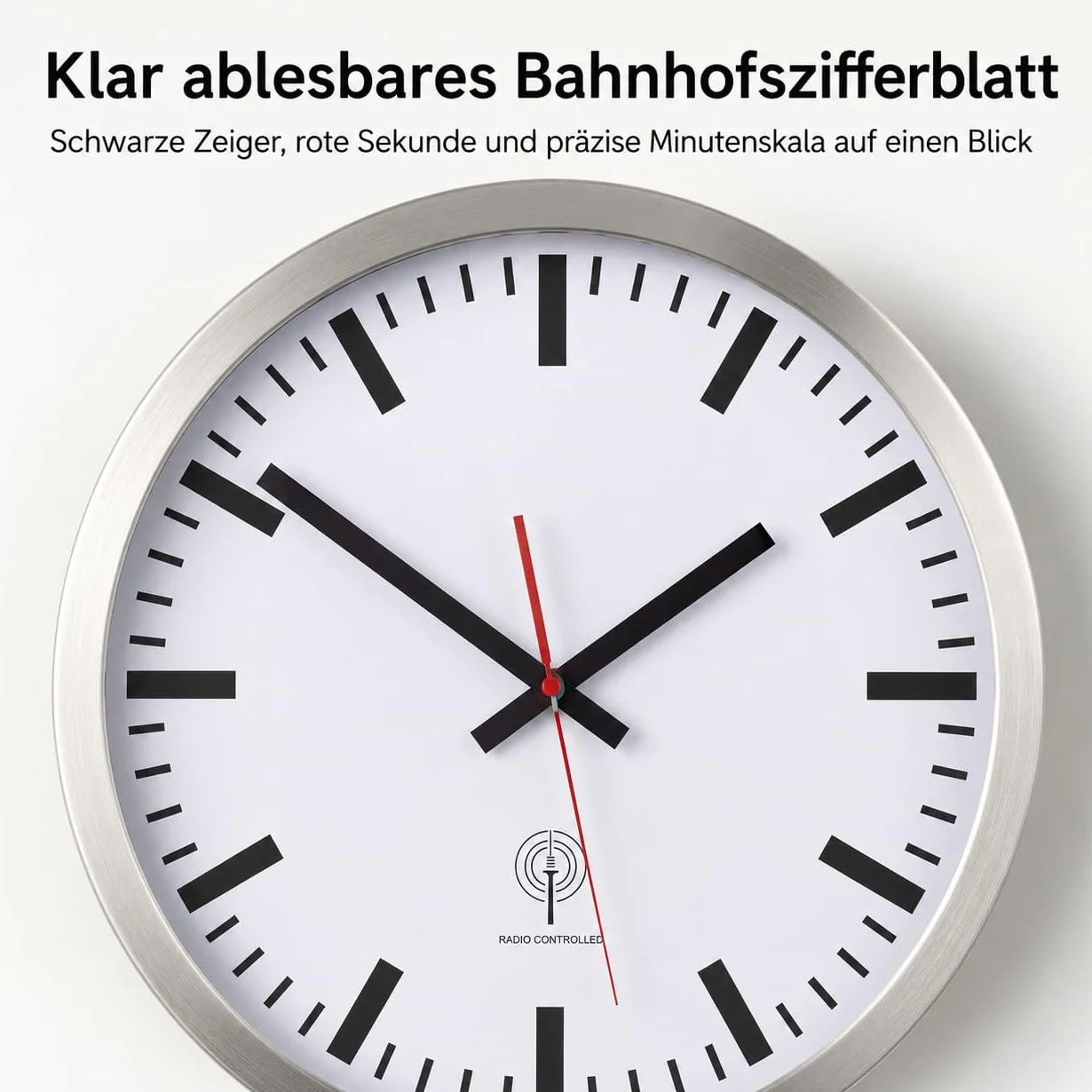Eurotime 56862-07 radiowy zegar ścienny, 40 cm, srebrna obudowa ze stali nierdzewnej, prawdziwe szkło, tarcza stacji, automatyczna zmiana czasu, zegar ścienny do salonu lub