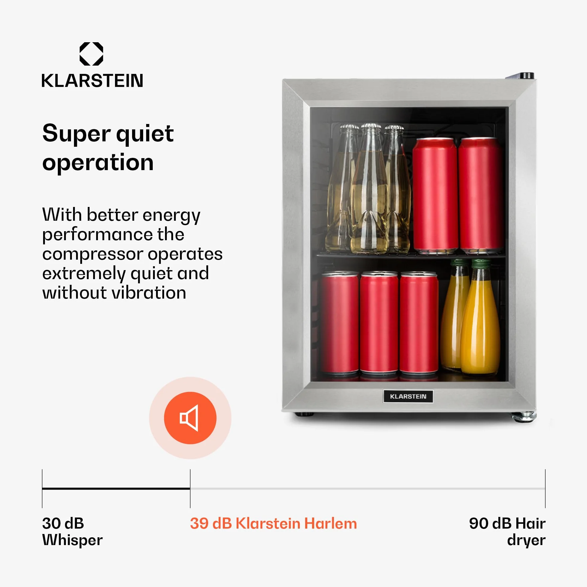 Klarstein Harlem Lodówka na napoje, Minibar, System chłodzenia kompresorowego, Pojemność 23 litry, 5 stopni chłodzenia: 0-10 °C, cicha: 39 dB, 1 metalowa półka kratowa, czarna