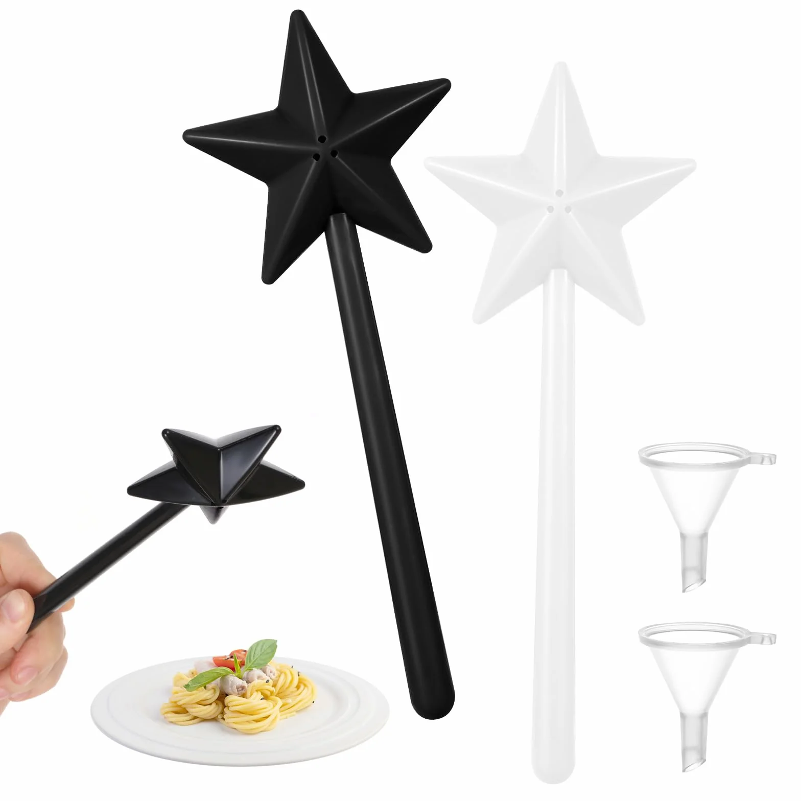 JJUNW Magiczna różdżka, solniczka i pieprzniczka, magiczna różdżka z 2 małymi lejkami, magiczny zestaw do przypraw, gwiazdka, magiczna różdżka do kuchni, restauracji (czarna + biała), 2 szt.
