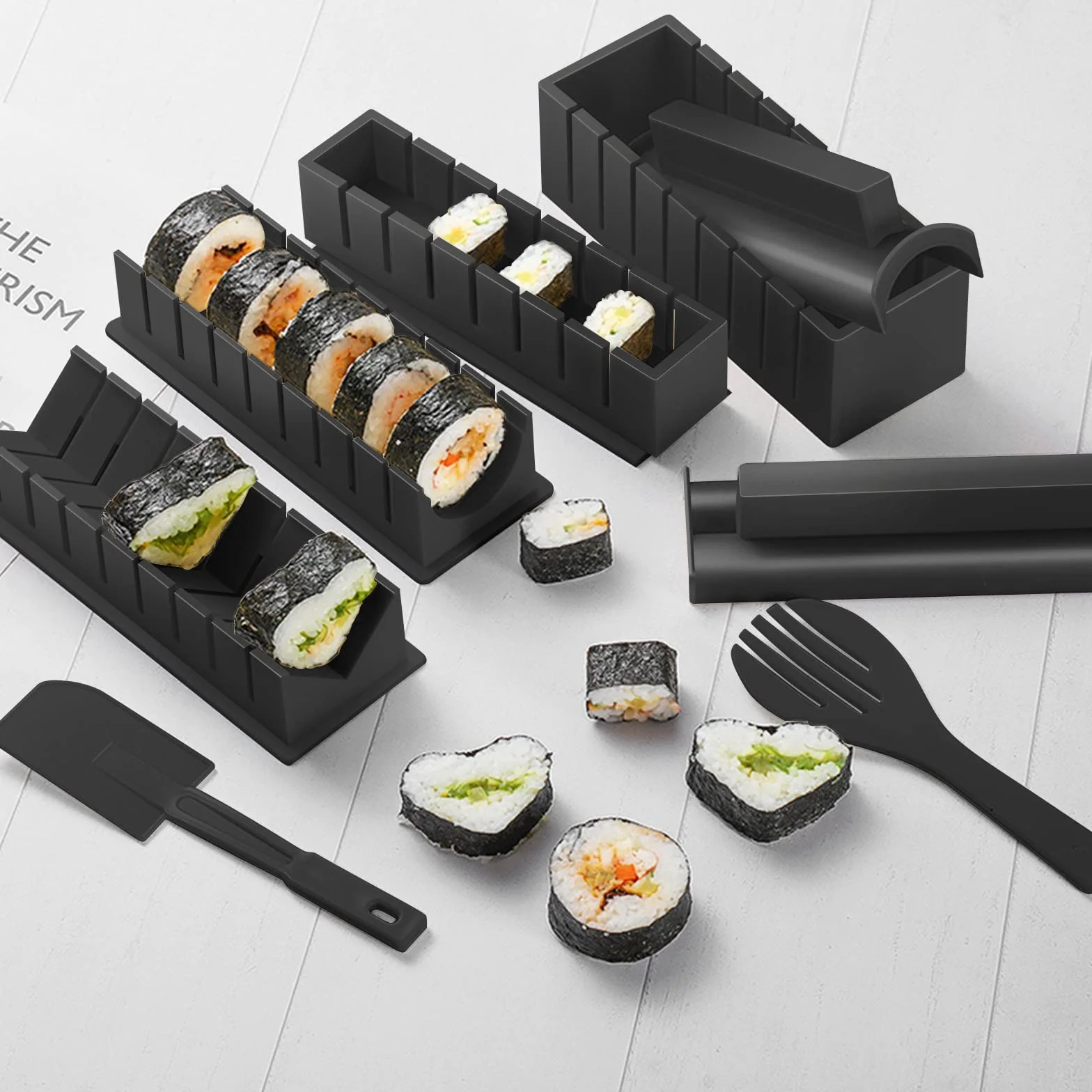 Zestaw do Robienia Sushi, 20 Elementów, Dla Początkujących, Samodzielnego Wykonania, Z Widelcem, Nożem, Matą do Rolkowania, Pałeczkami, Kompletny (Czarny)