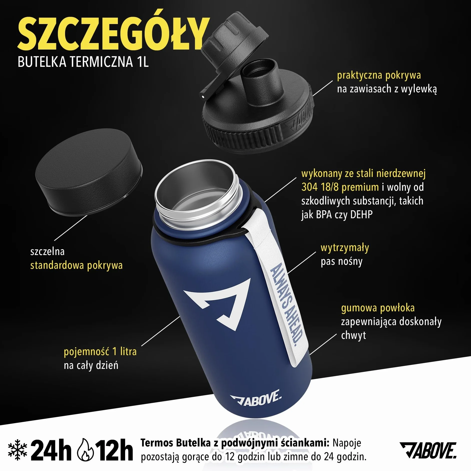 ABOVE. Butelka ze stali nierdzewnej 950ml, 2 nakrętki do picia, termos o podwójnych ściankach utrzymuje ciepło do 12 godzin i zimno do 24 godzin, 100% wolna od BPA, dla sportu i camping (Niebieski)