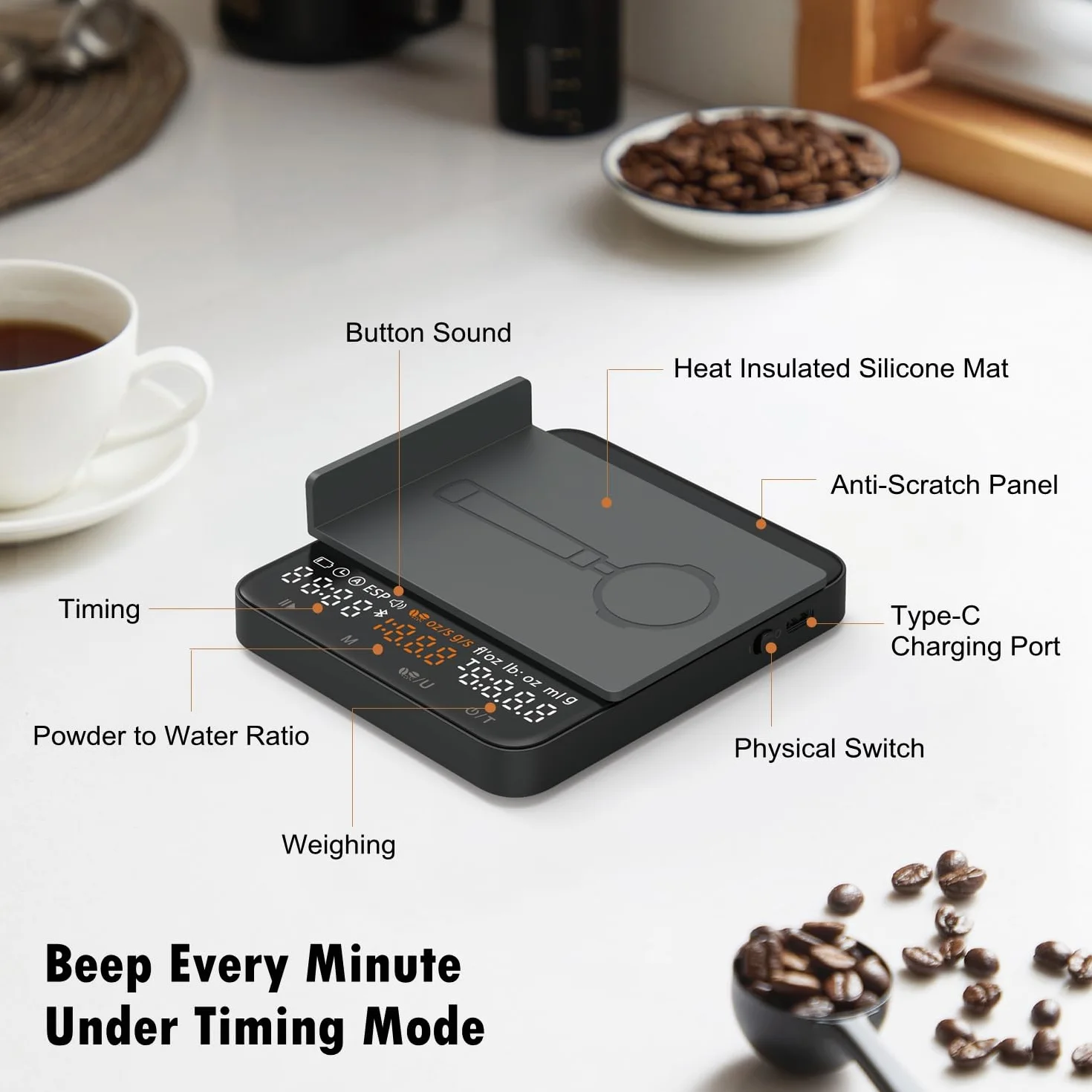 NUTRI FIT Mini waga do kawy z timerem, ładowalna waga kuchenna USB-C, przenośna waga do espresso z wyświetlaczem LED, rozmiar produktu 11,5 x 10 cm, 2 kg/0,1 g - czarna