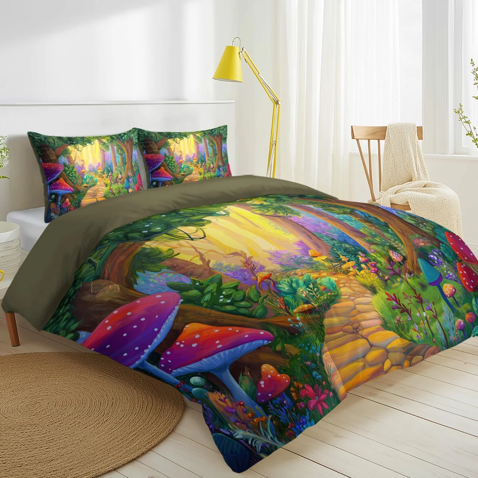 Generisch Zestaw pościeli z motywem lasu z kreskówki, bajkowa droga, grzyb, drzewa, komplet pościeli 200 x 200 cm, 3-częściowy, dekoracyjna, poszewka na kołdrę z mikrofibry, poszewka na kołdrę z 2